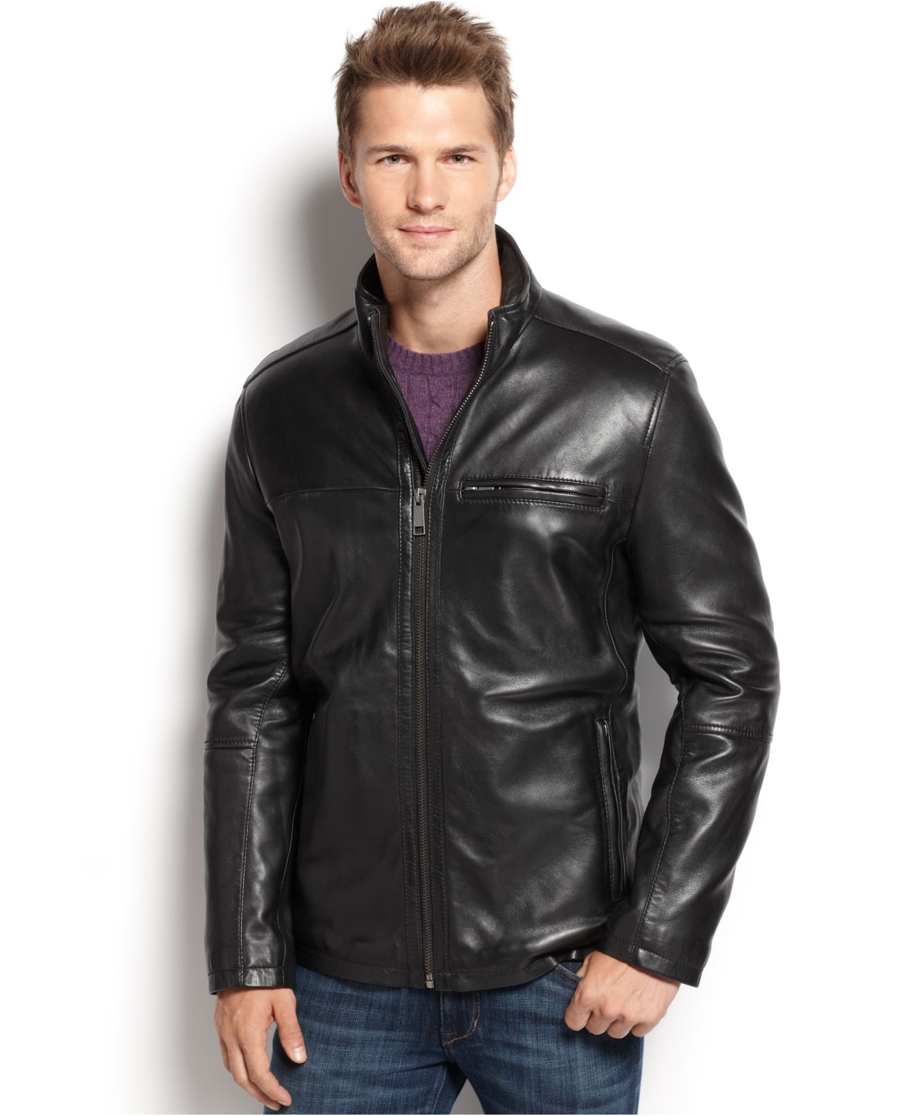 Lyst Marc New York Slade Smooth Leather Moto Jacket In Black For Men Gallery Previously Sold At Macy S Men Black Denim Jackets