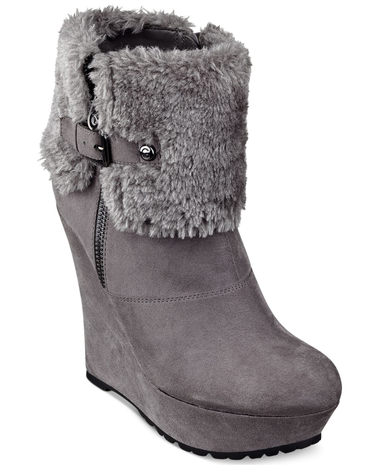 G by guess Women'S Paso Faux-Fux Fold-Over Platfom Wedge Booties in ...