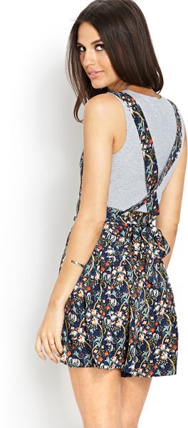 Love 21 Floral Crossback Overalls in Blue (Navy/aqua) | Lyst
