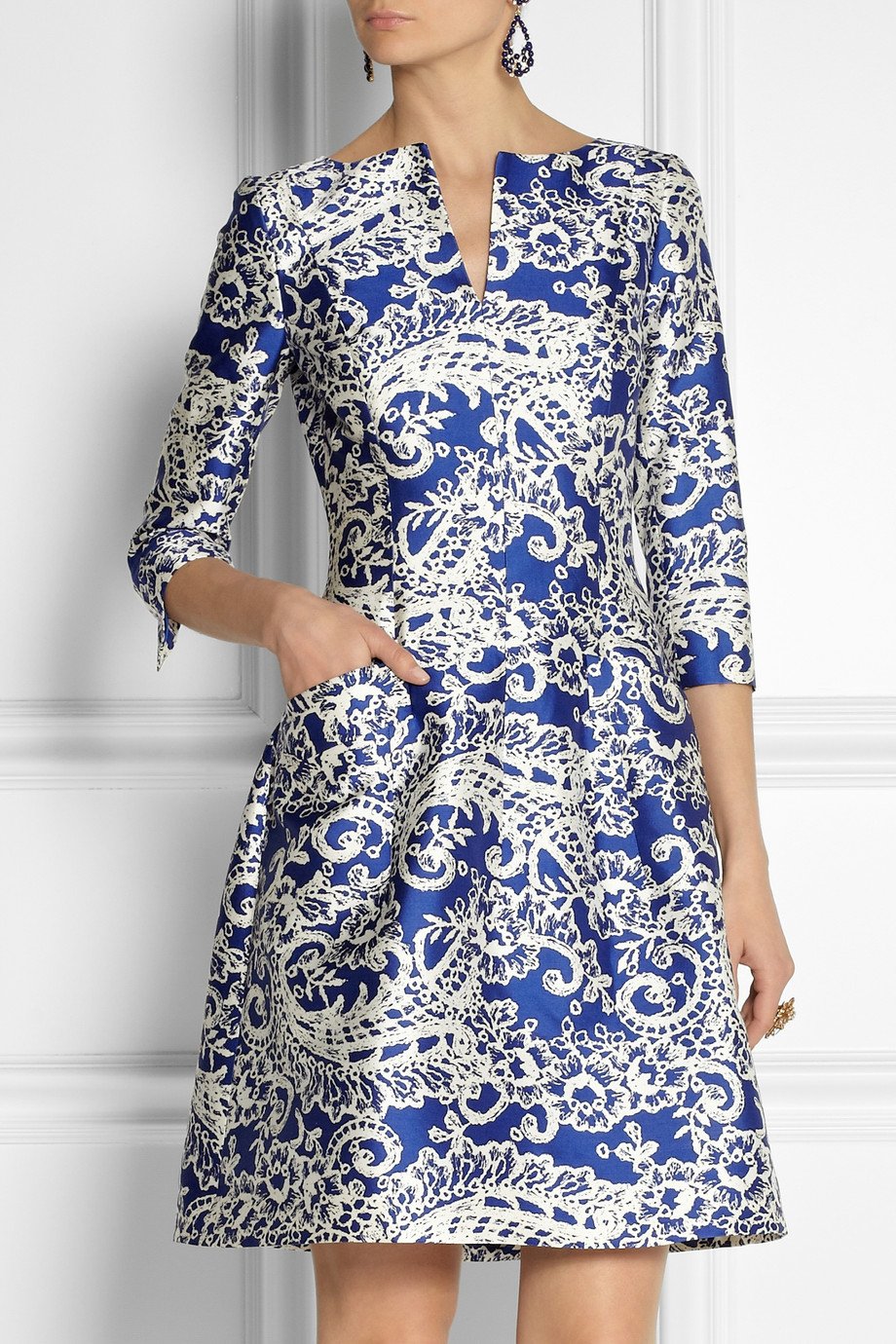 Lyst - Oscar De La Renta Printed Silk and Cotton-blend Dress in Blue