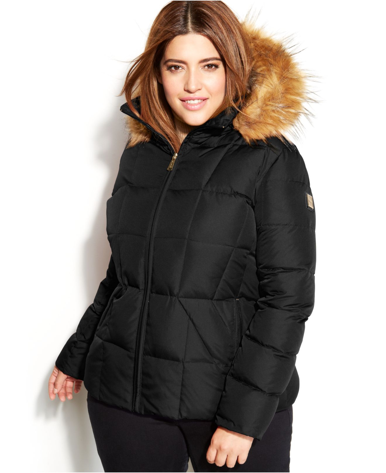 hooded down puffer jacket with a faux fur trim