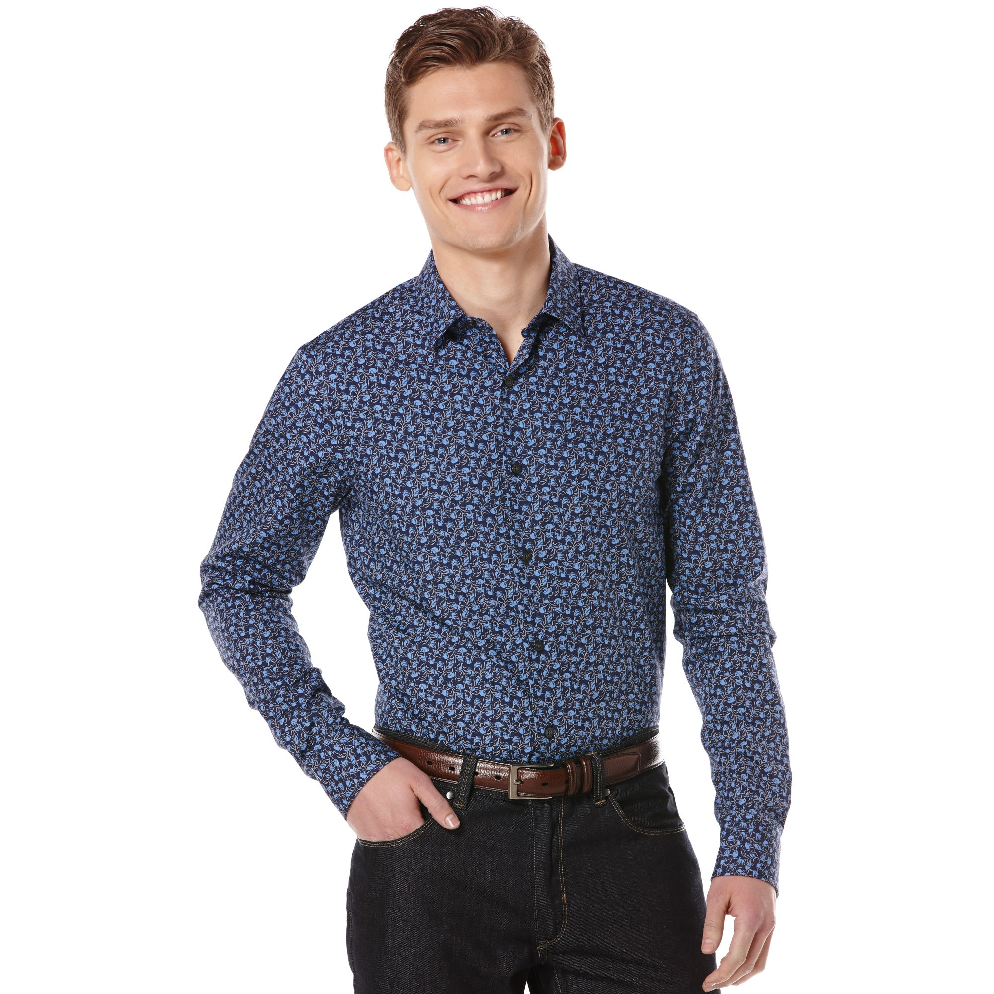 Perry ellis Long Sleeve Forrest Print Shirt in Blue for Men | Lyst