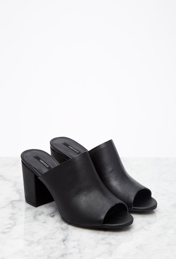 Lyst Forever 21 Faux Leather Peeptoe Mules in Black