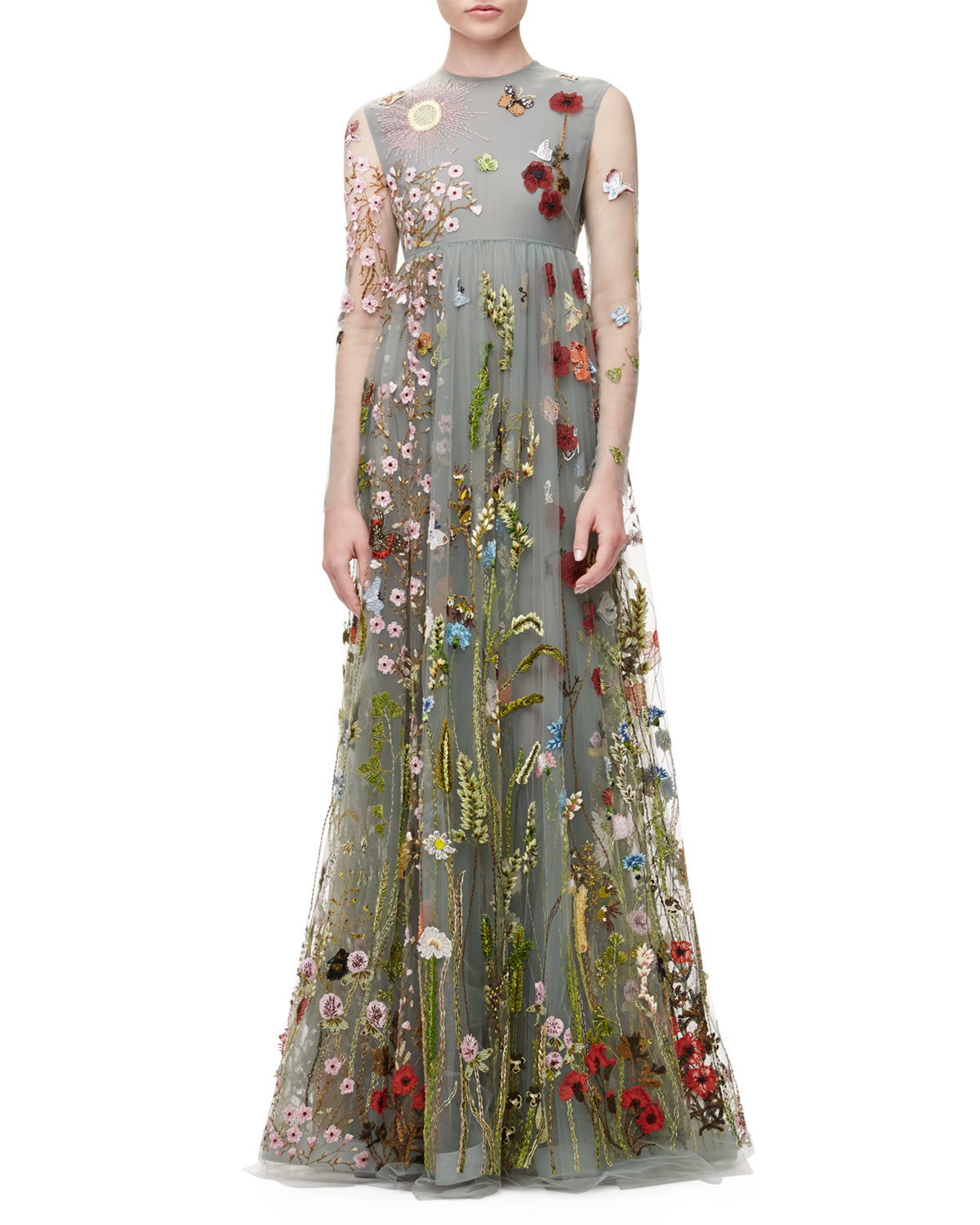 Lyst - Valentino Floral-Embroidered Tulle Empire-Waist Gown in Gray