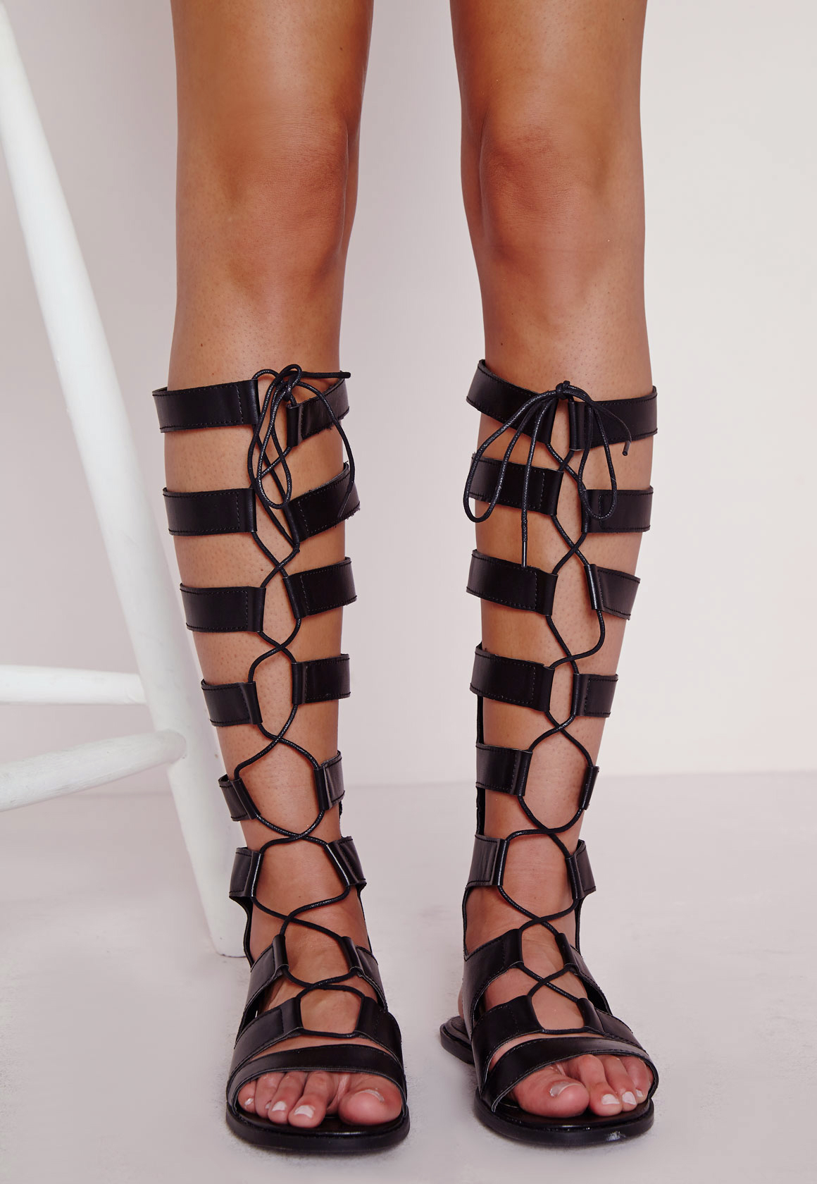 Lyst Missguided Lace Up Knee High Flat Gladiator Sandals Black in Black