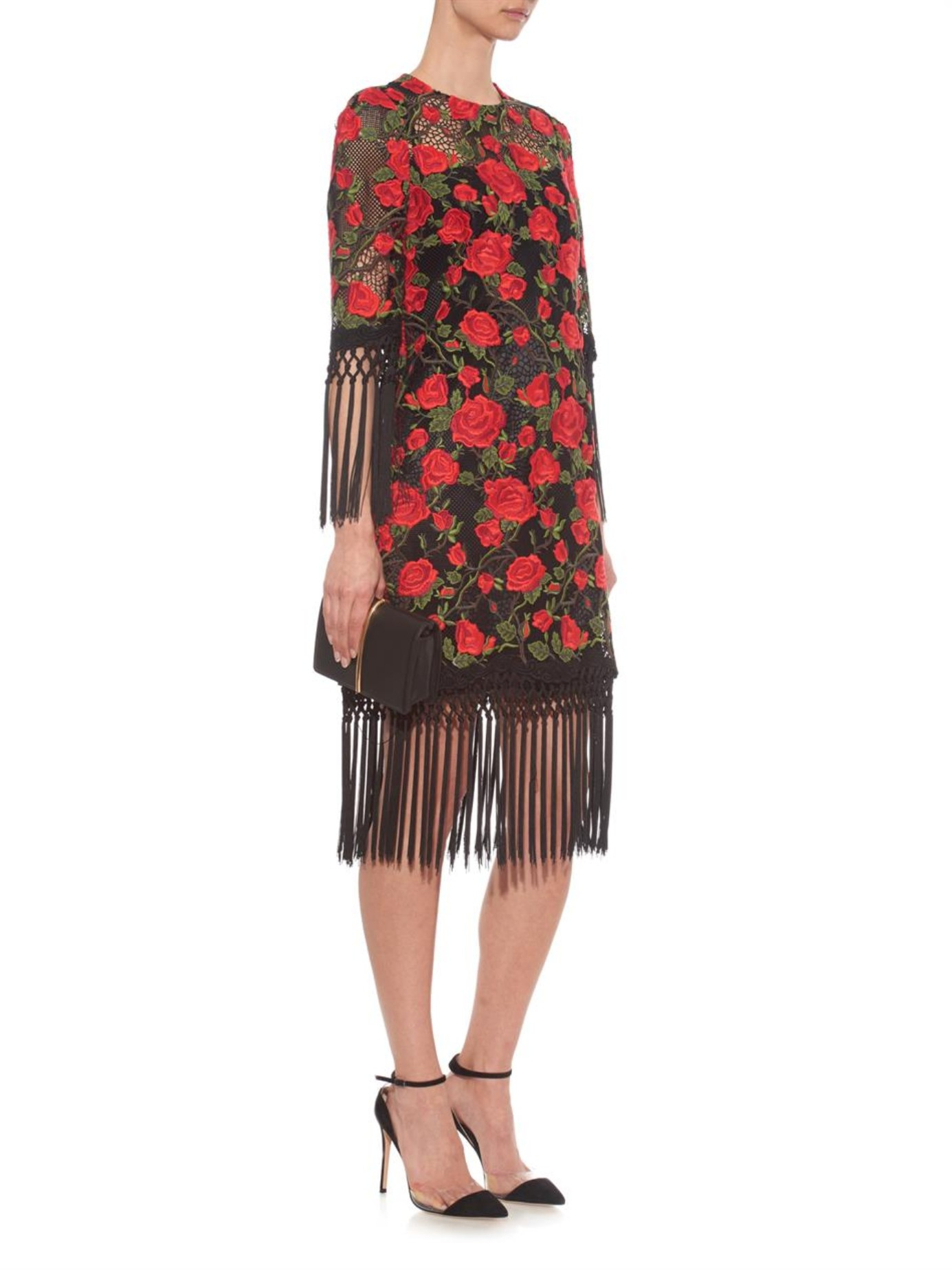 Lyst Dolce & Gabbana RoseEmbroidered Fringed Dress in Red