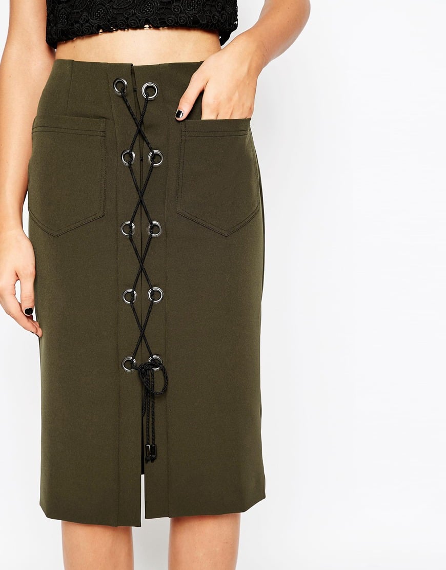Asos Tall Khaki Lace Up Pencil Skirt With Eyelet Detail Lyst