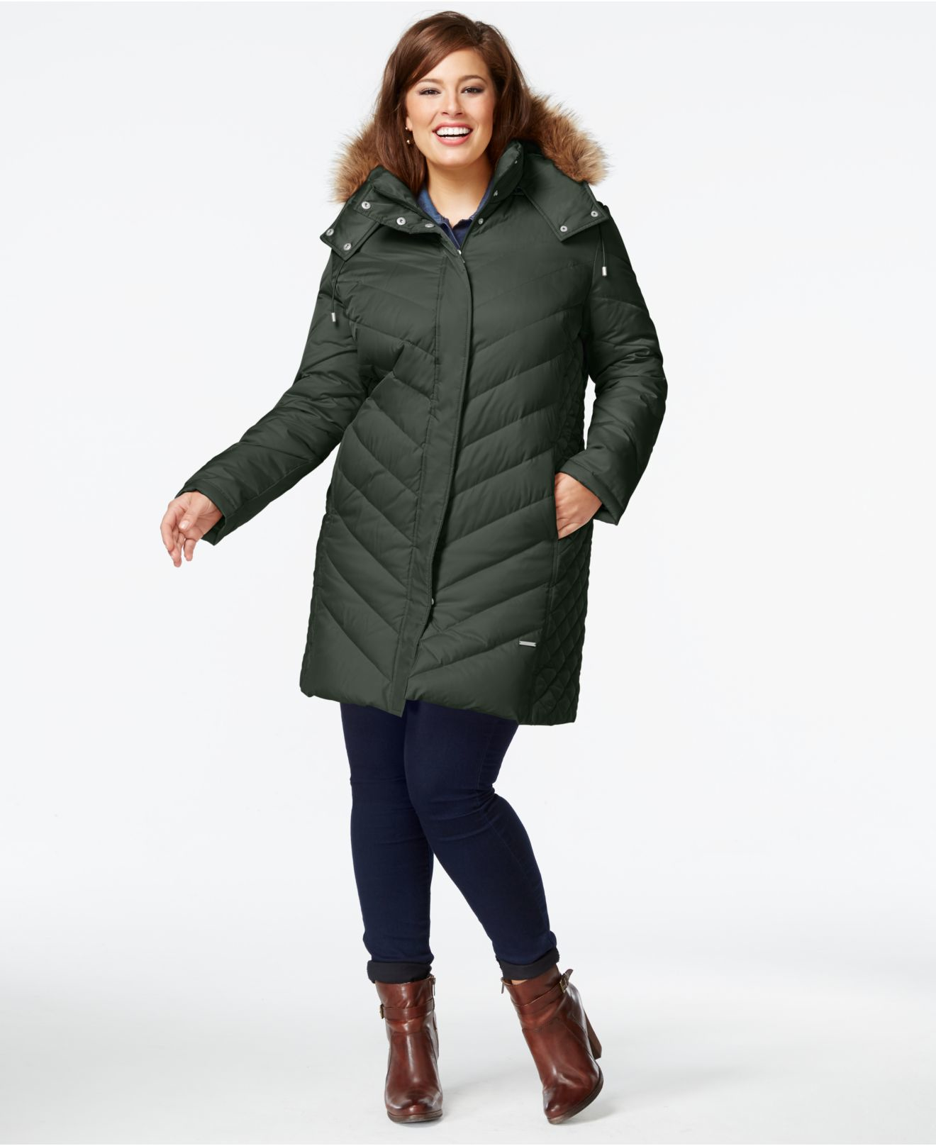 Kenneth cole Plus Size Faux-fur-hood Puffer Down Coat in Green (Clover ...