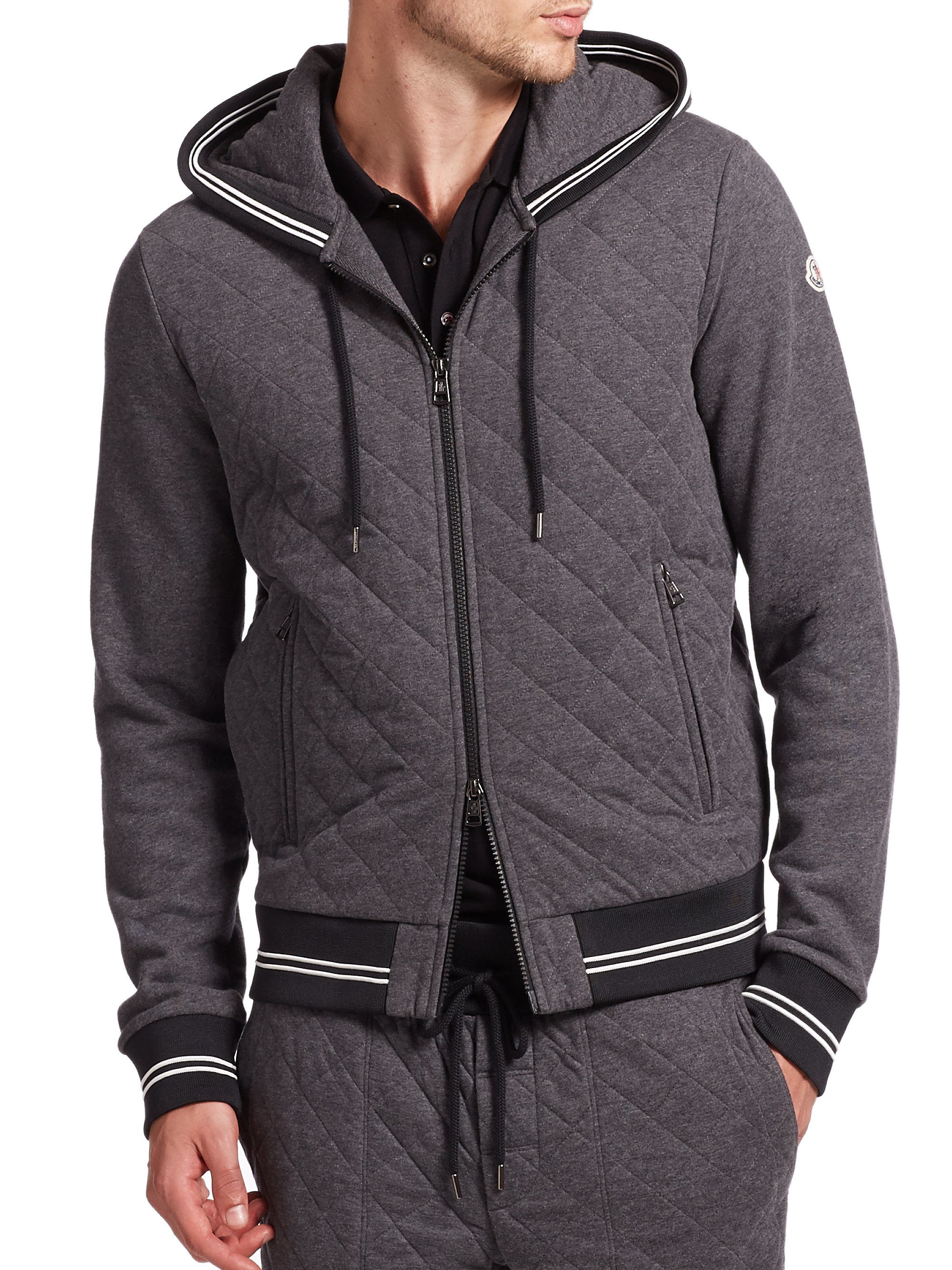 Lyst - Moncler Maglia Quilted Banded Cotton Hoodie in Gray for Men