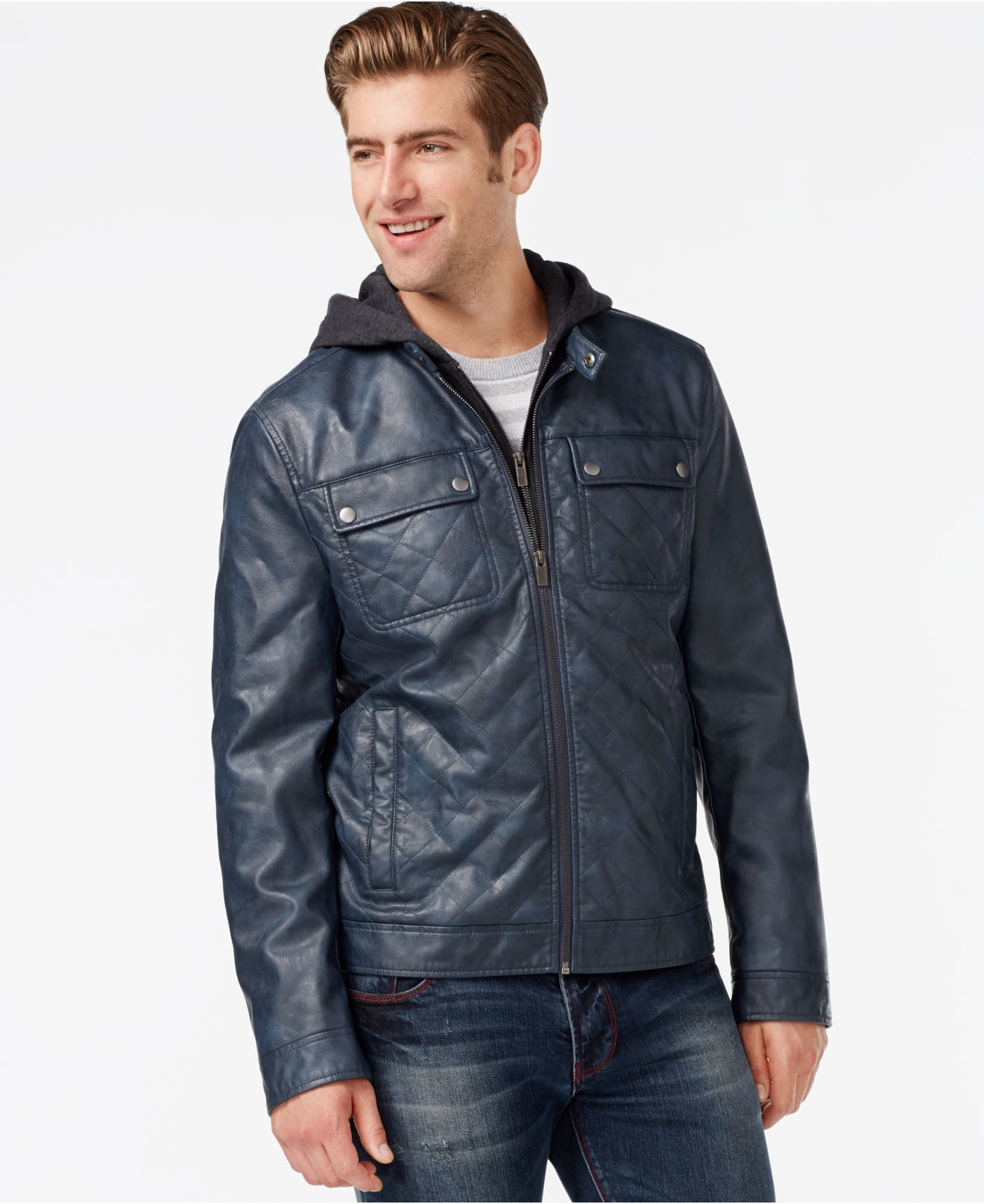 Kenneth cole Hooded Quilted Bomber Jacket in Blue for Men | Lyst