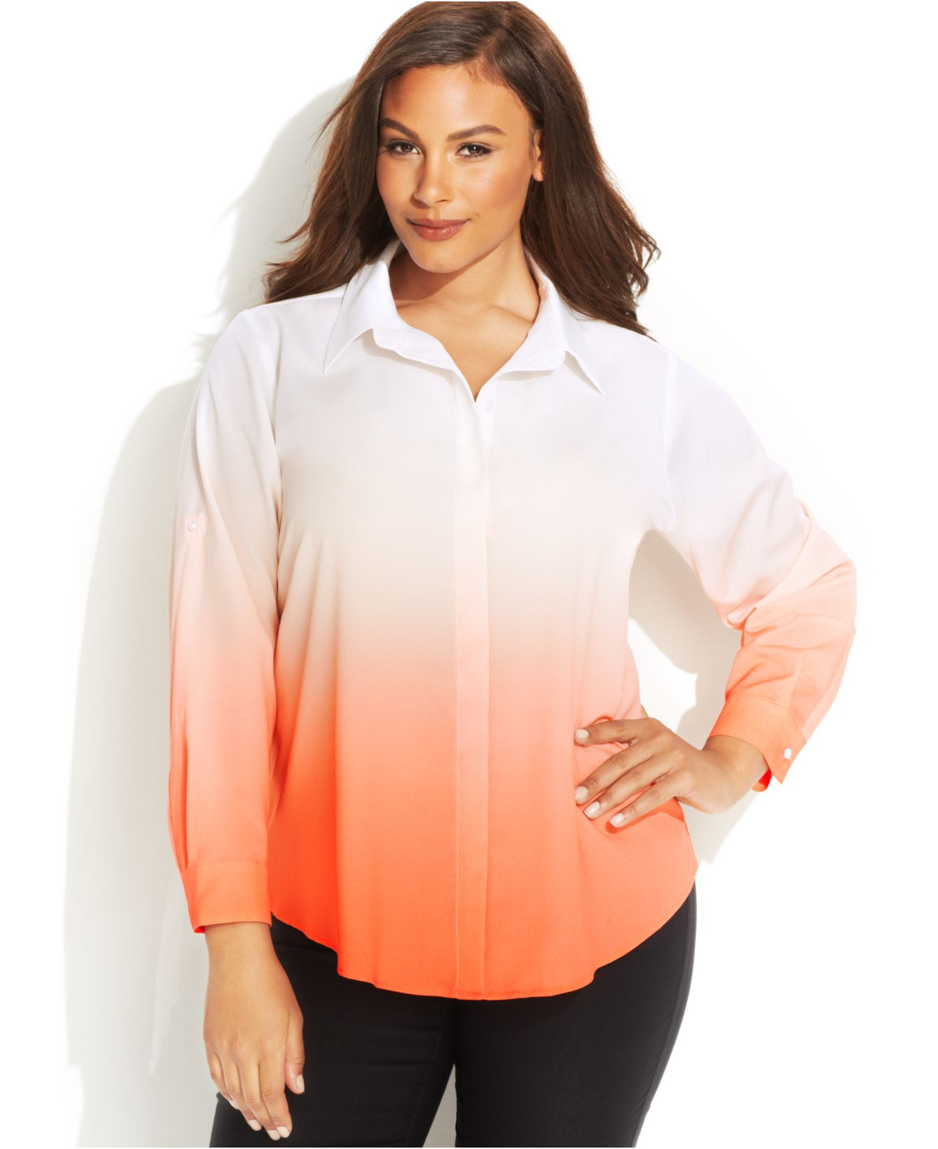 Lyst Calvin klein Plus Size RollTabSleeve DipDye Blouse in Orange