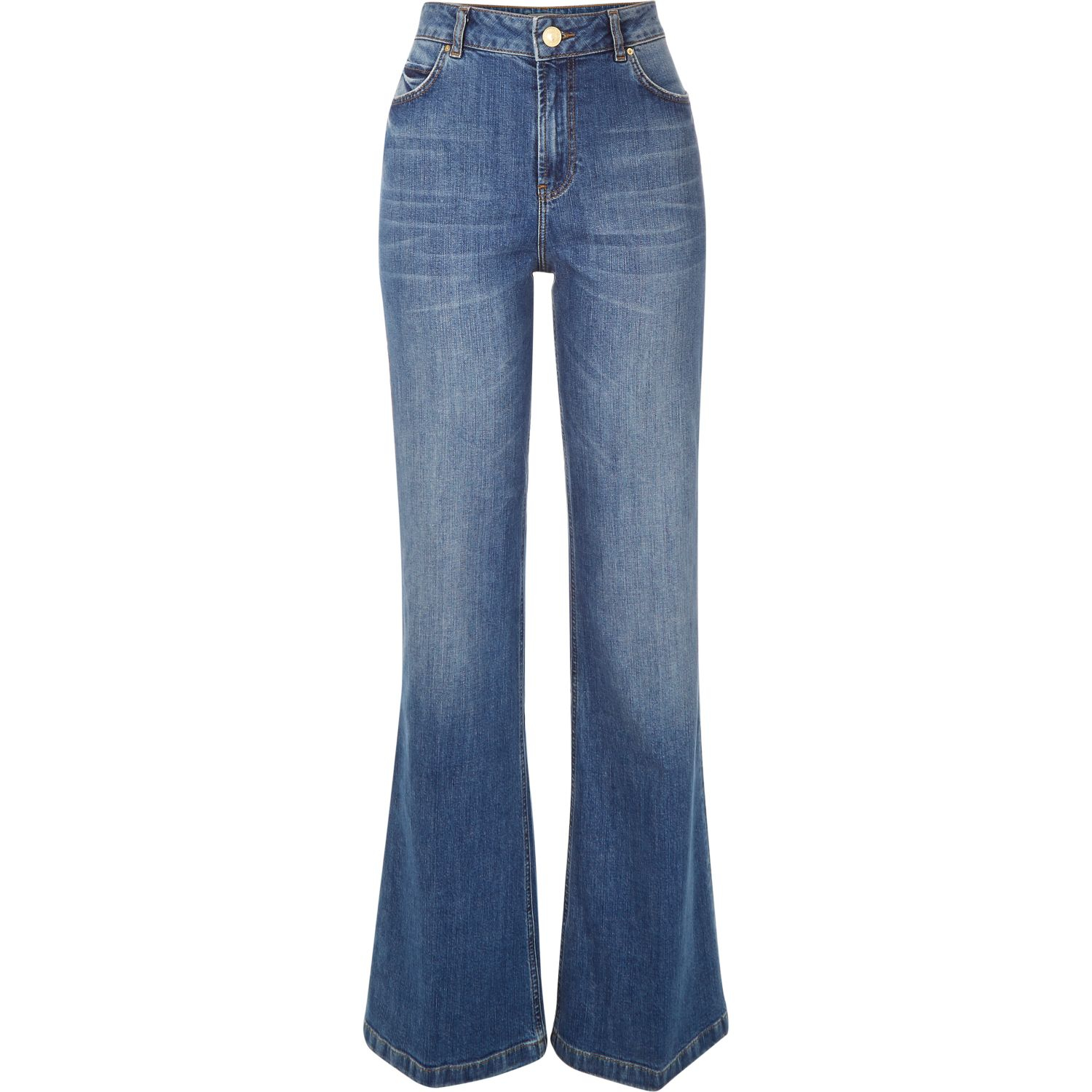 Lyst - River Island Mid Wash Wide Leg Flare Jeans in Blue