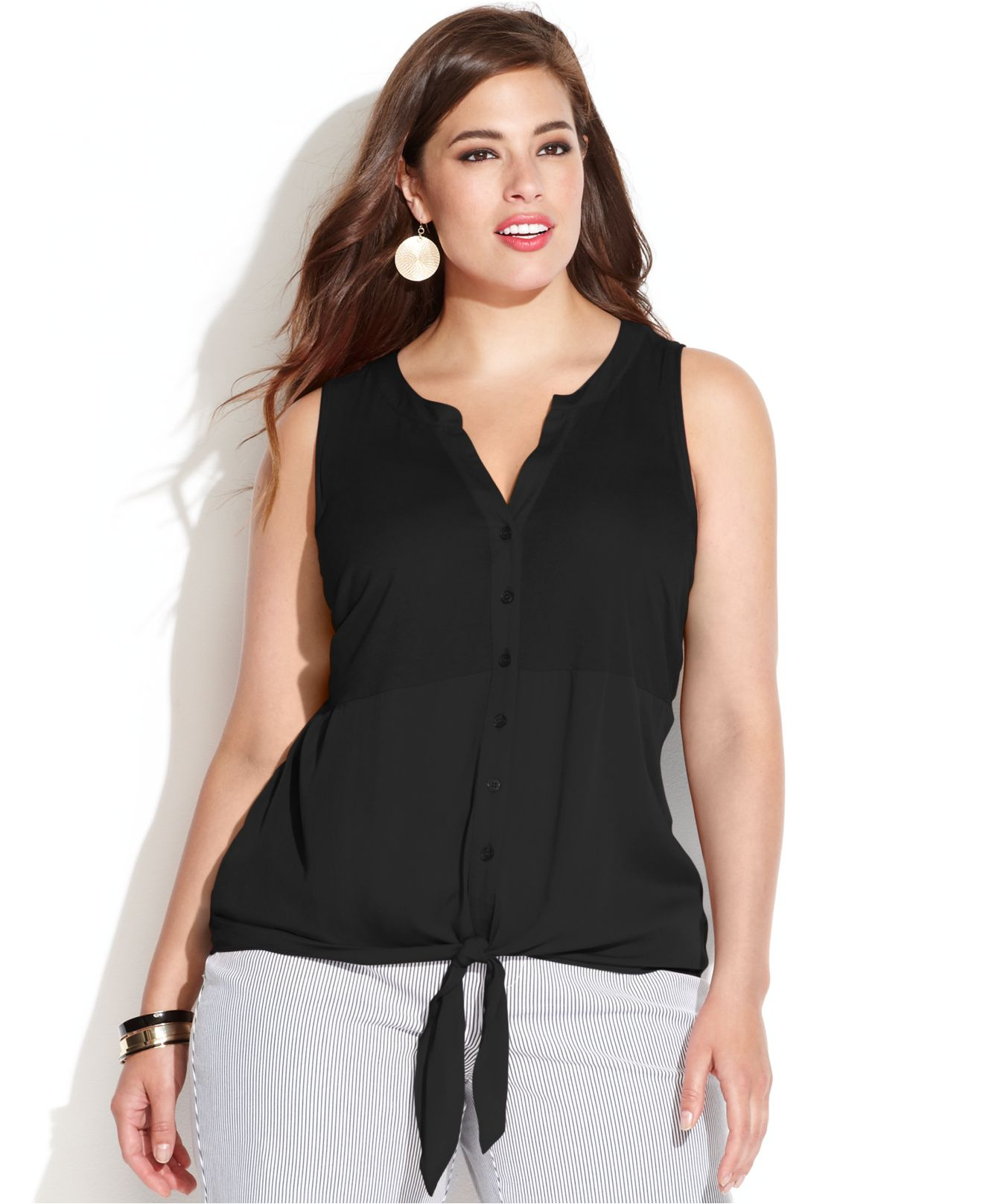 Inc International Concepts Plus Size Sleeveless Tie Front Button Down Shirt In Black Lyst 