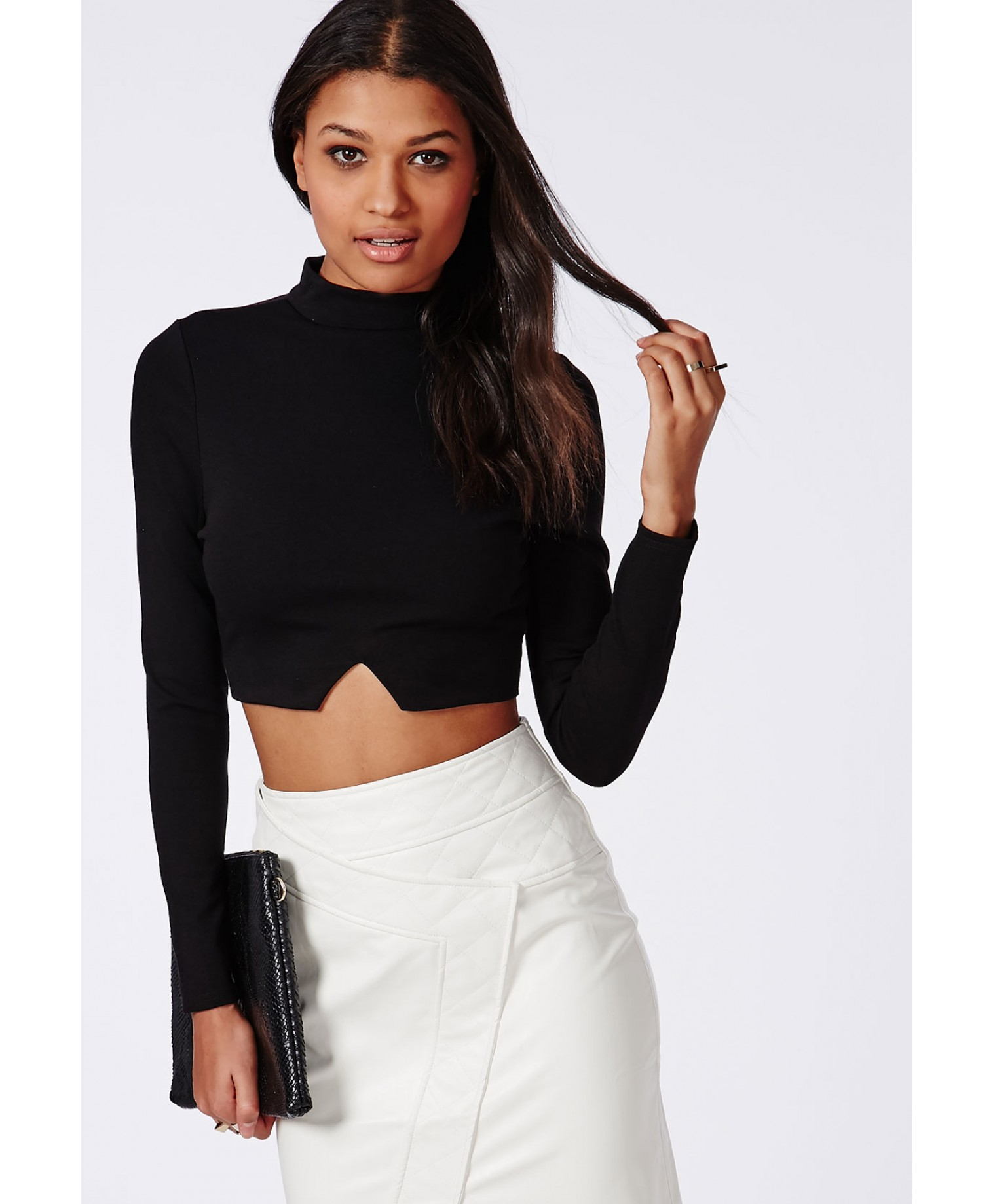 Lyst Missguided Cut Out Hem Long Sleeve Crop Top Black In Black