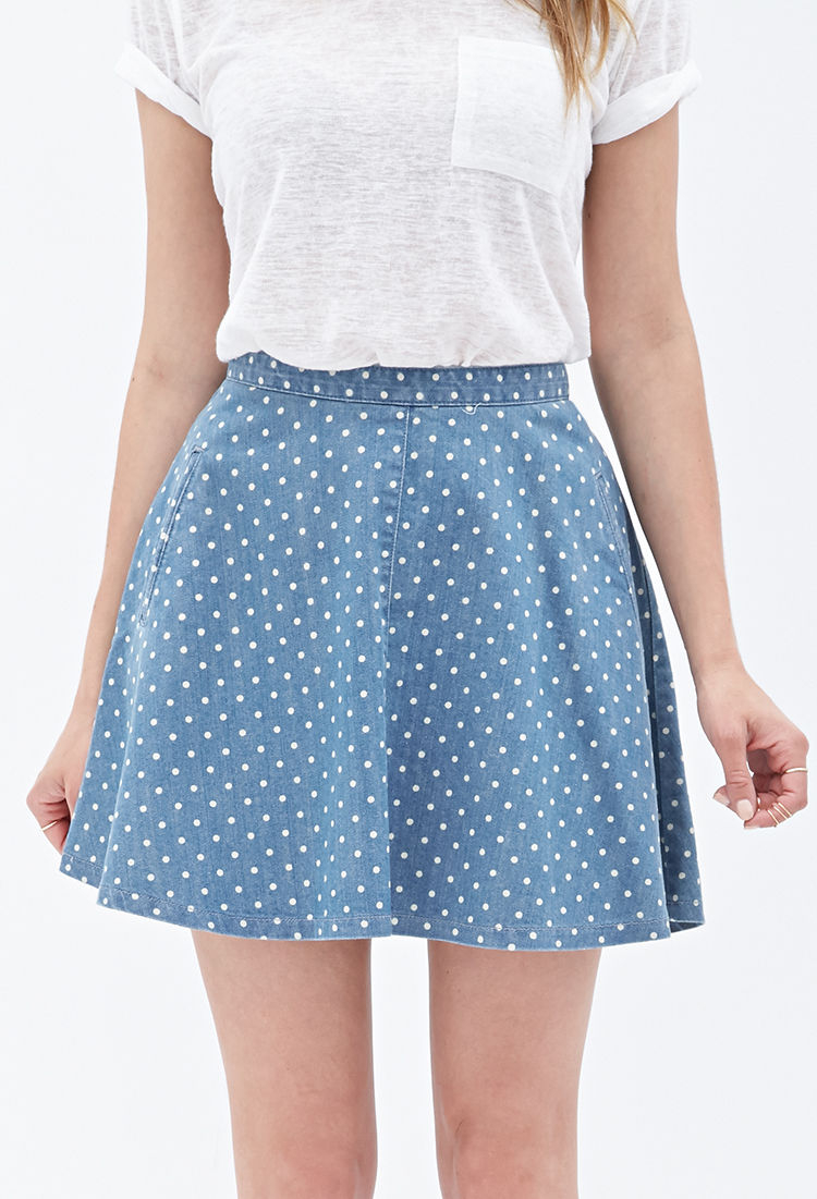 Lyst Forever 21 Contemporary Dotted Denim Skater Skirt in Blue