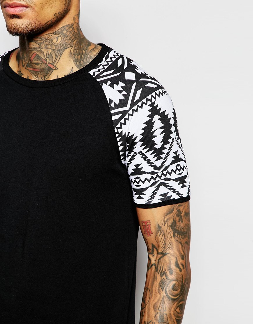 Asos Muscle T-shirt With Geo-tribal Print Raglan Sleeves in Black for Men | Lyst