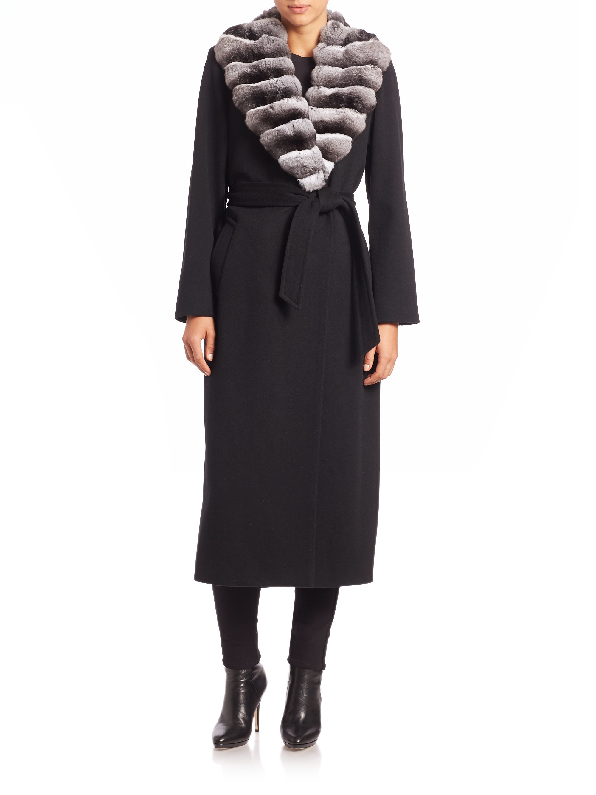 Lyst - Sofia Cashmere Cashmere Fur-trimmed Long Wrap Coat in Black