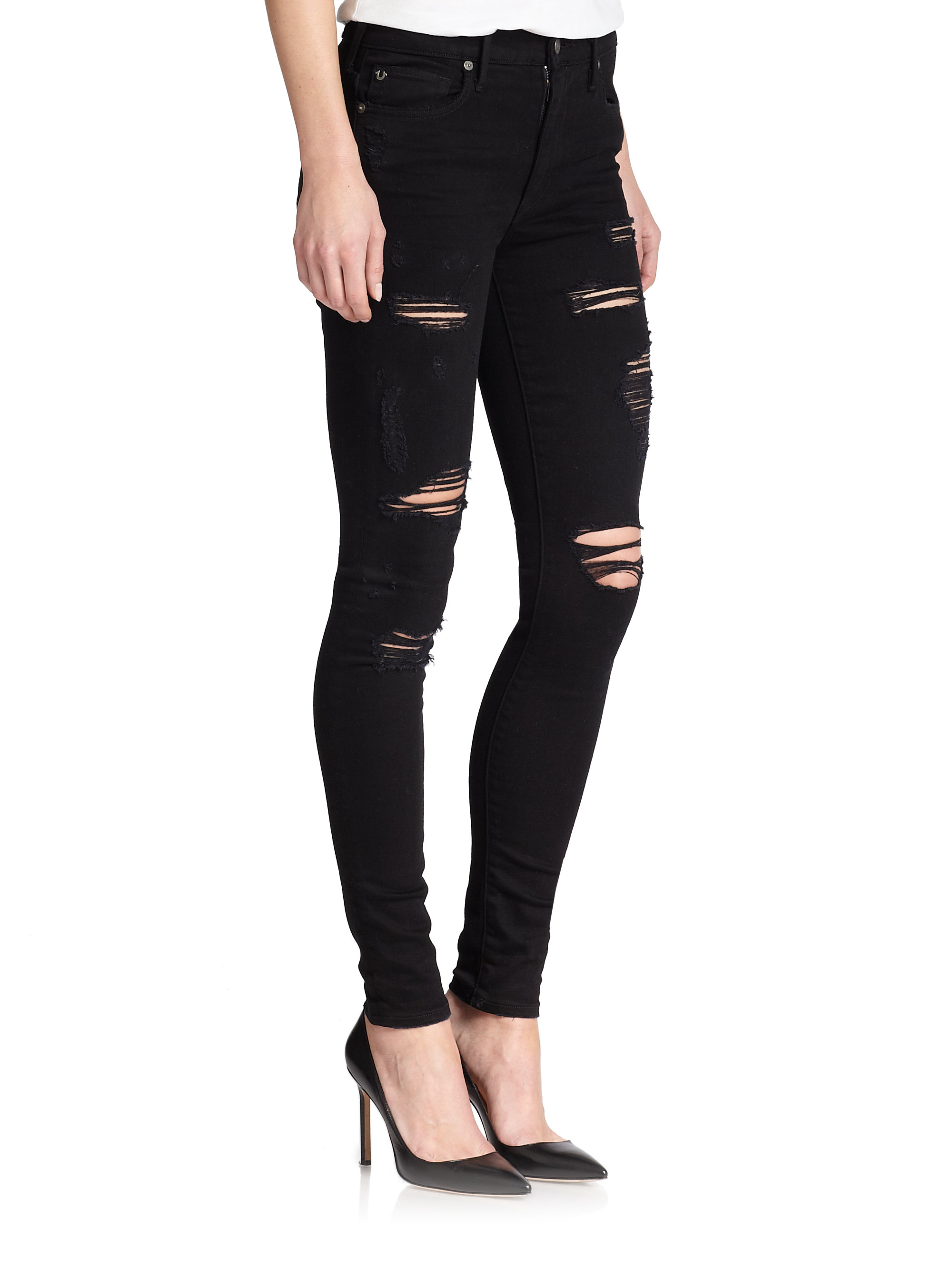 True religion Halle Ripped Skinny Jeans in Black | Lyst