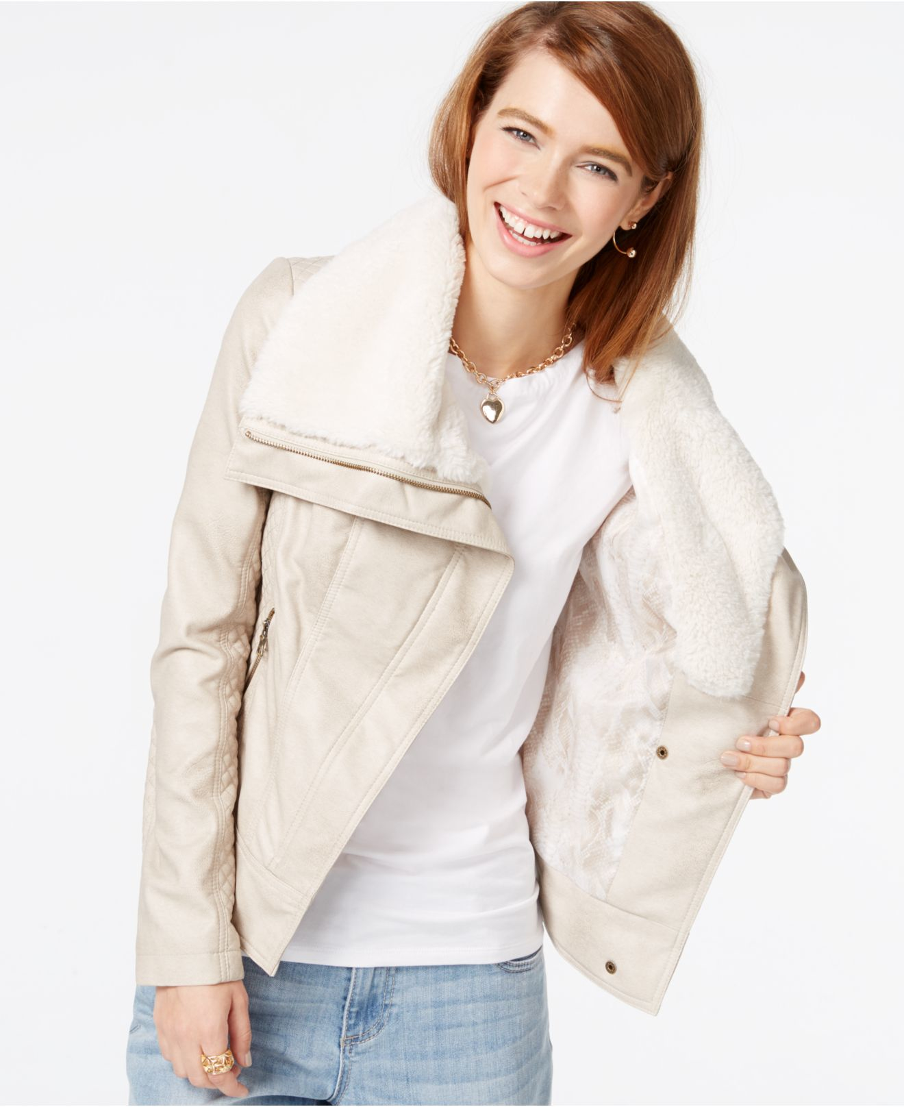Guess Faux-fur-collar Faux-leather Jacket in Natural | Lyst