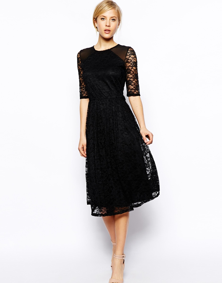 Lyst - Asos Midi Dress In Sunflower Lace With Shoulder Detail in Black