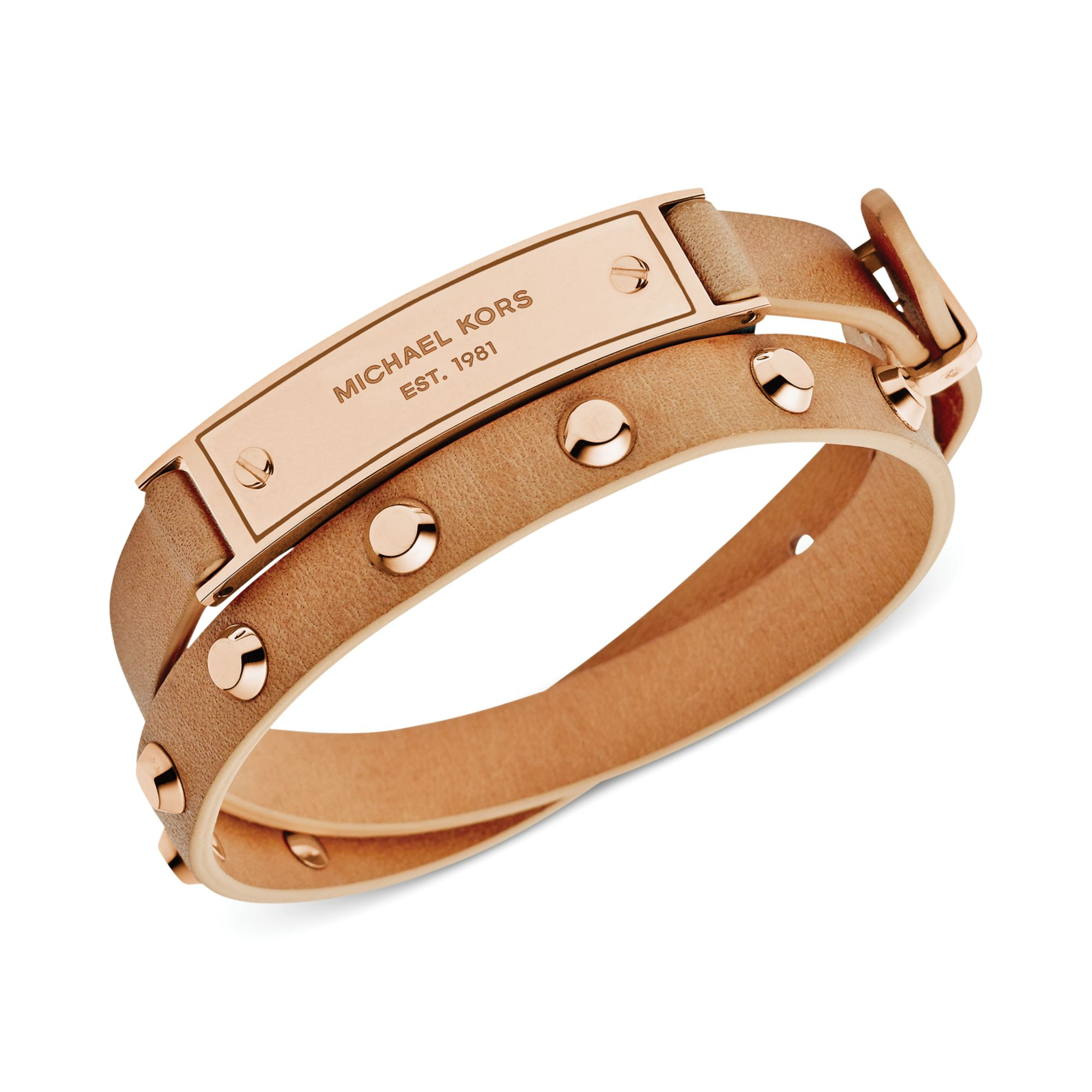 Lyst Michael Kors Rose Goldtone Stud And Plaque Buff Leather Wrap Gallery