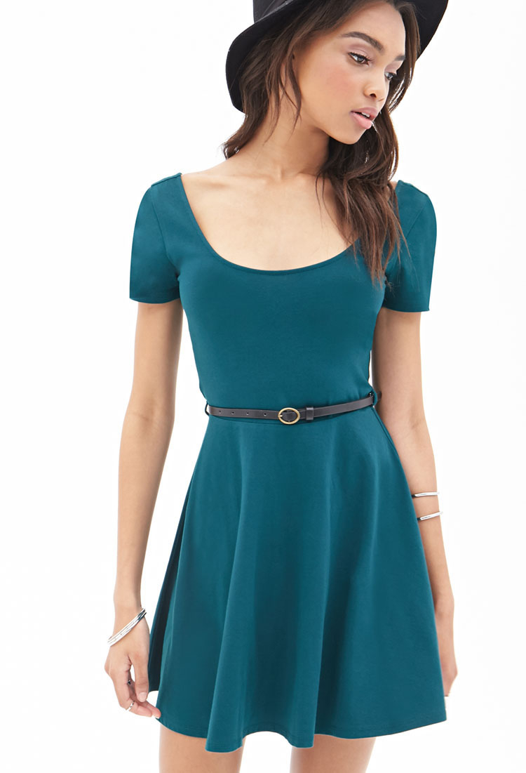 Lyst Forever  21  Belted Skater  Dress  in Green