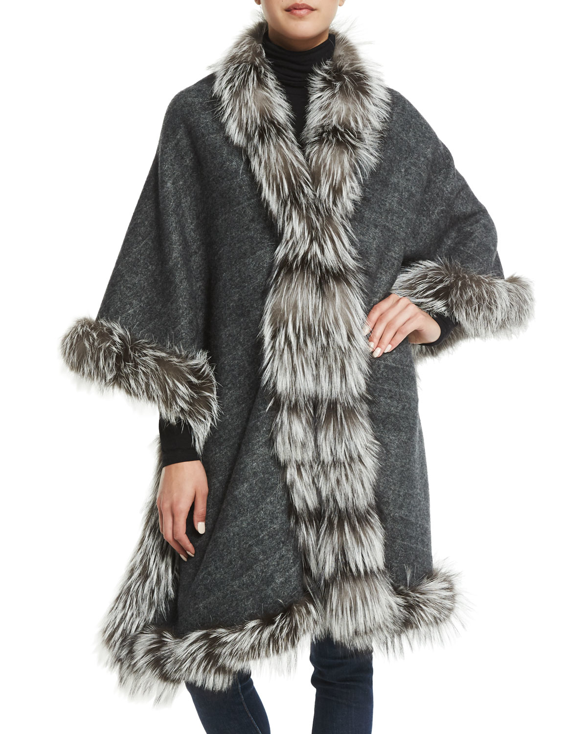 Belle fare gray cashmere reversible fox fur trim cape product 0 054692974 normal.jpeg