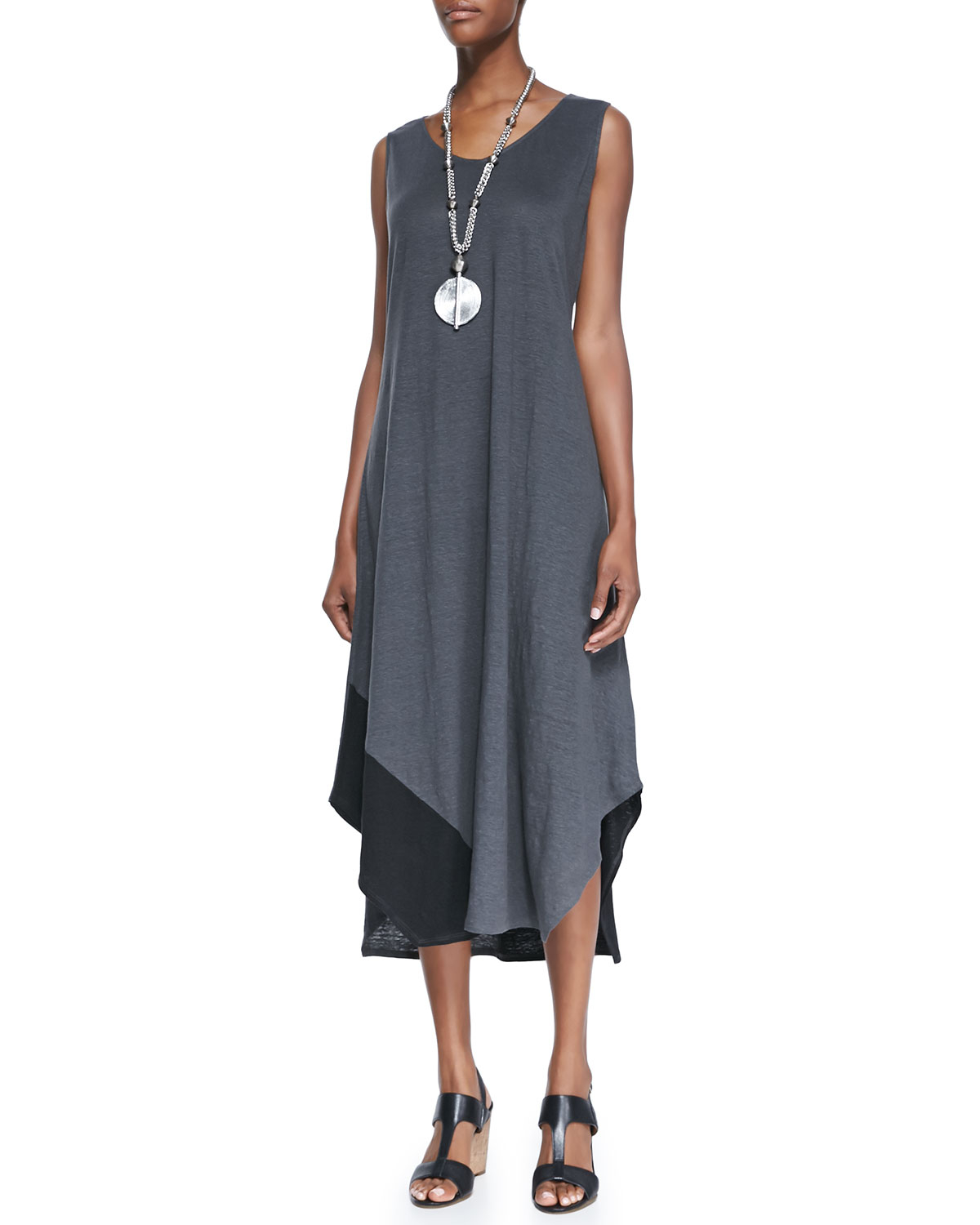Eileen fisher Sleeveless Colorblock V-neck Jersey Dress in Gray | Lyst