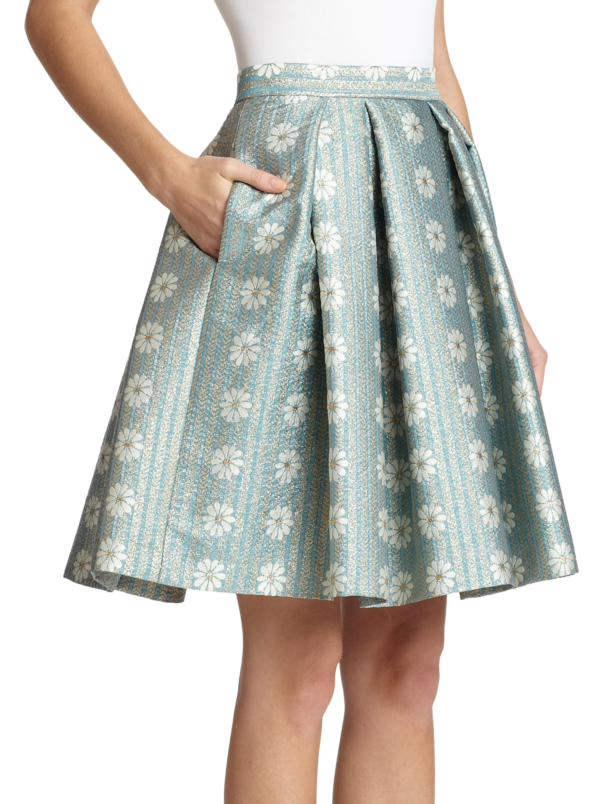 Lyst - Red Valentino Lurex Jacquard Pleated Skirt in Blue