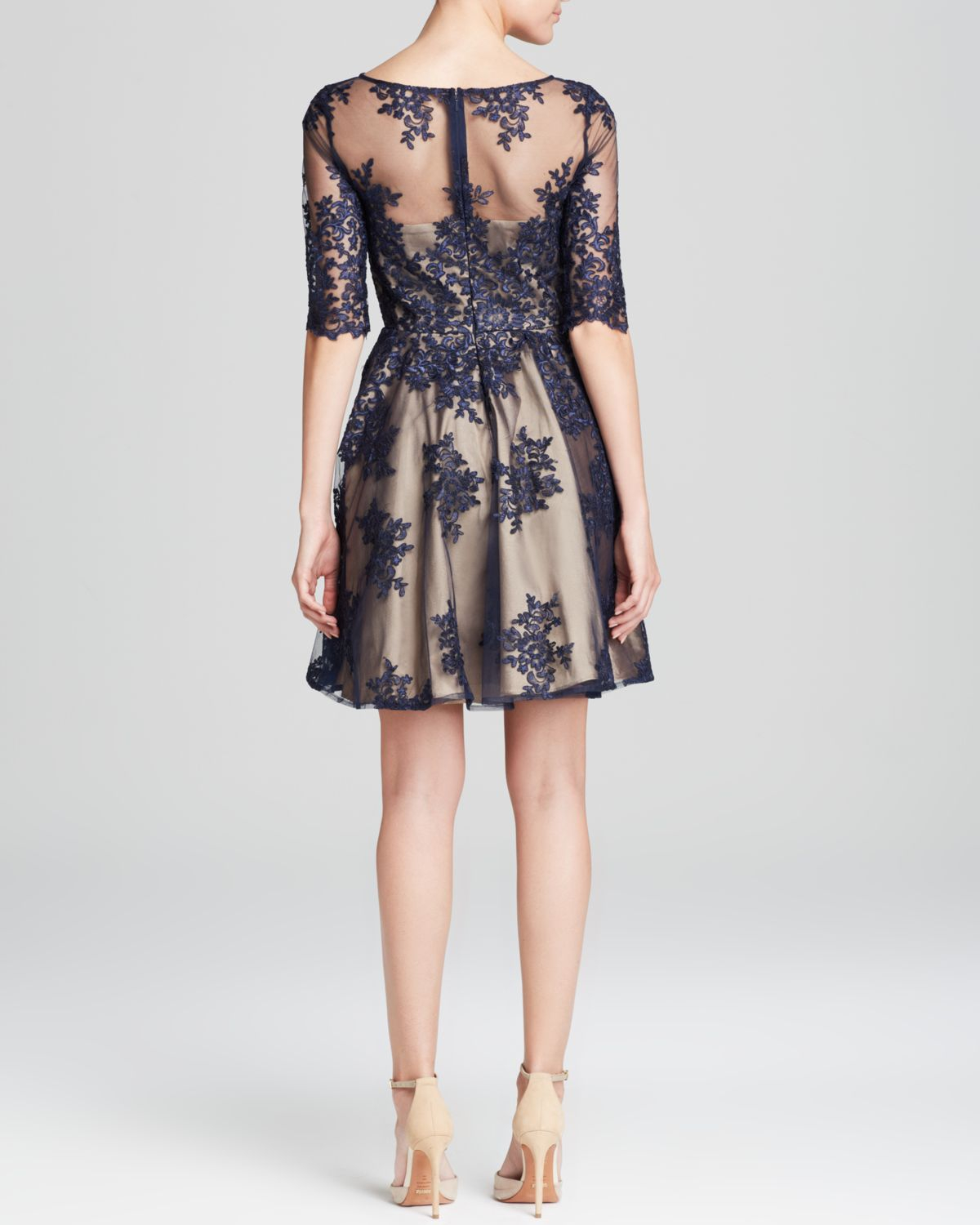 Lyst Ml Monique Lhuillier Dress Contrast Lace Fit And Flare In Blue Gallery