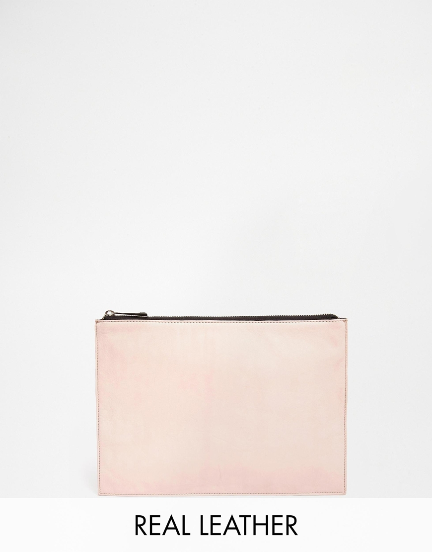Lyst Asos Soft Leather Zip Top Clutch Bag In Pink Gallery