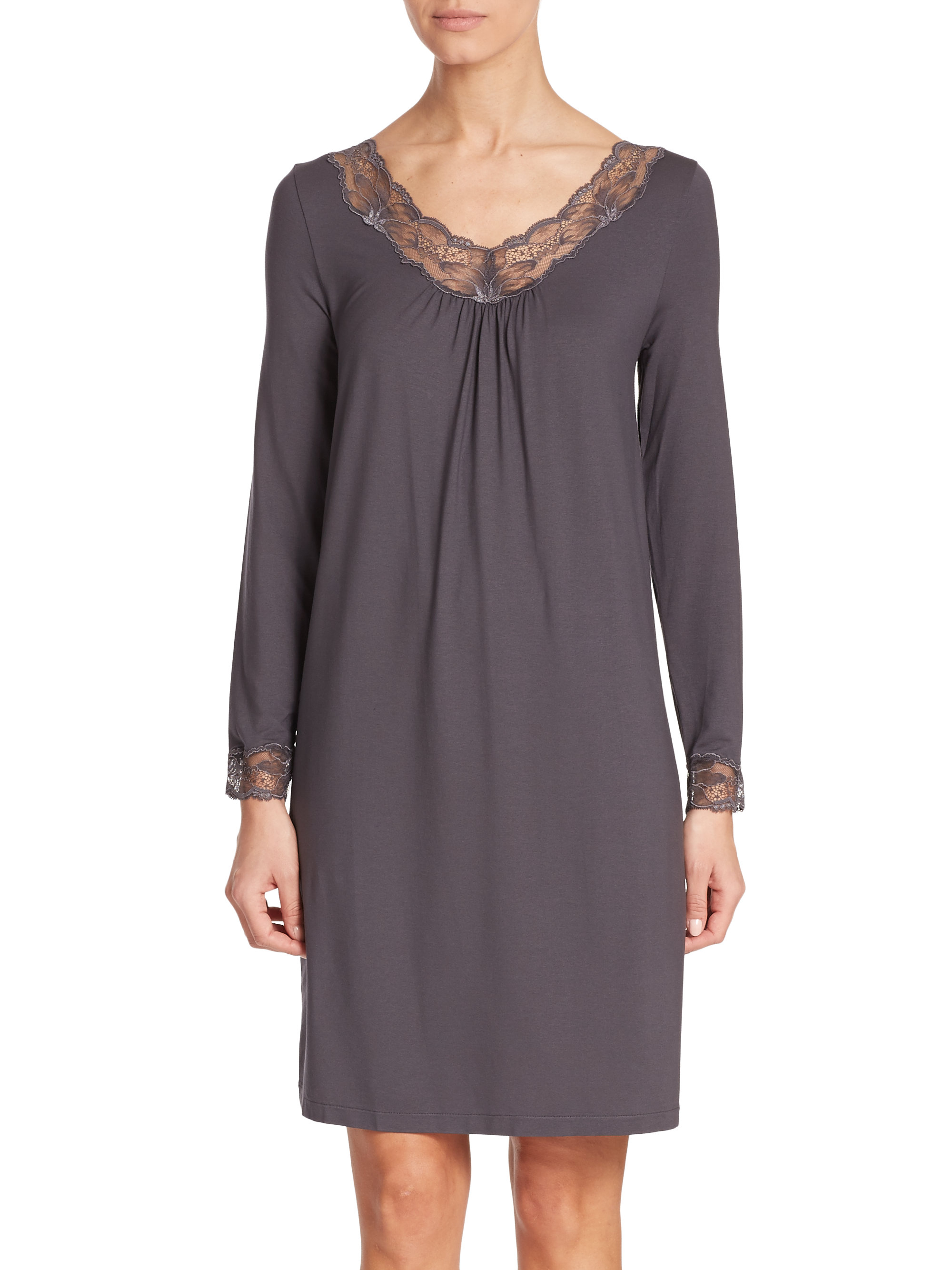 Hanro Valencia Long Sleeve Lace Trimmed Jersey Nightgown In Gray Lyst 