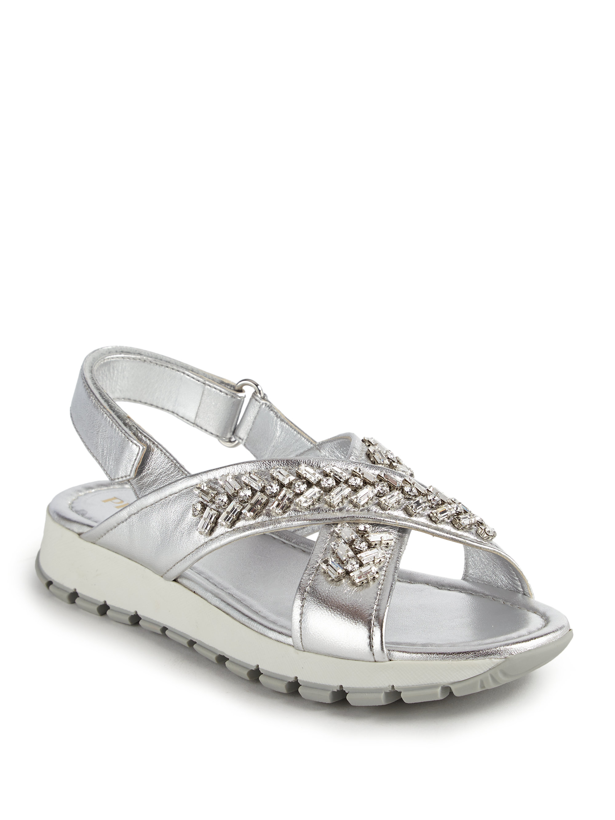 Lyst - Prada Crystal-embellished Metallic Leather Sandals in Metallic