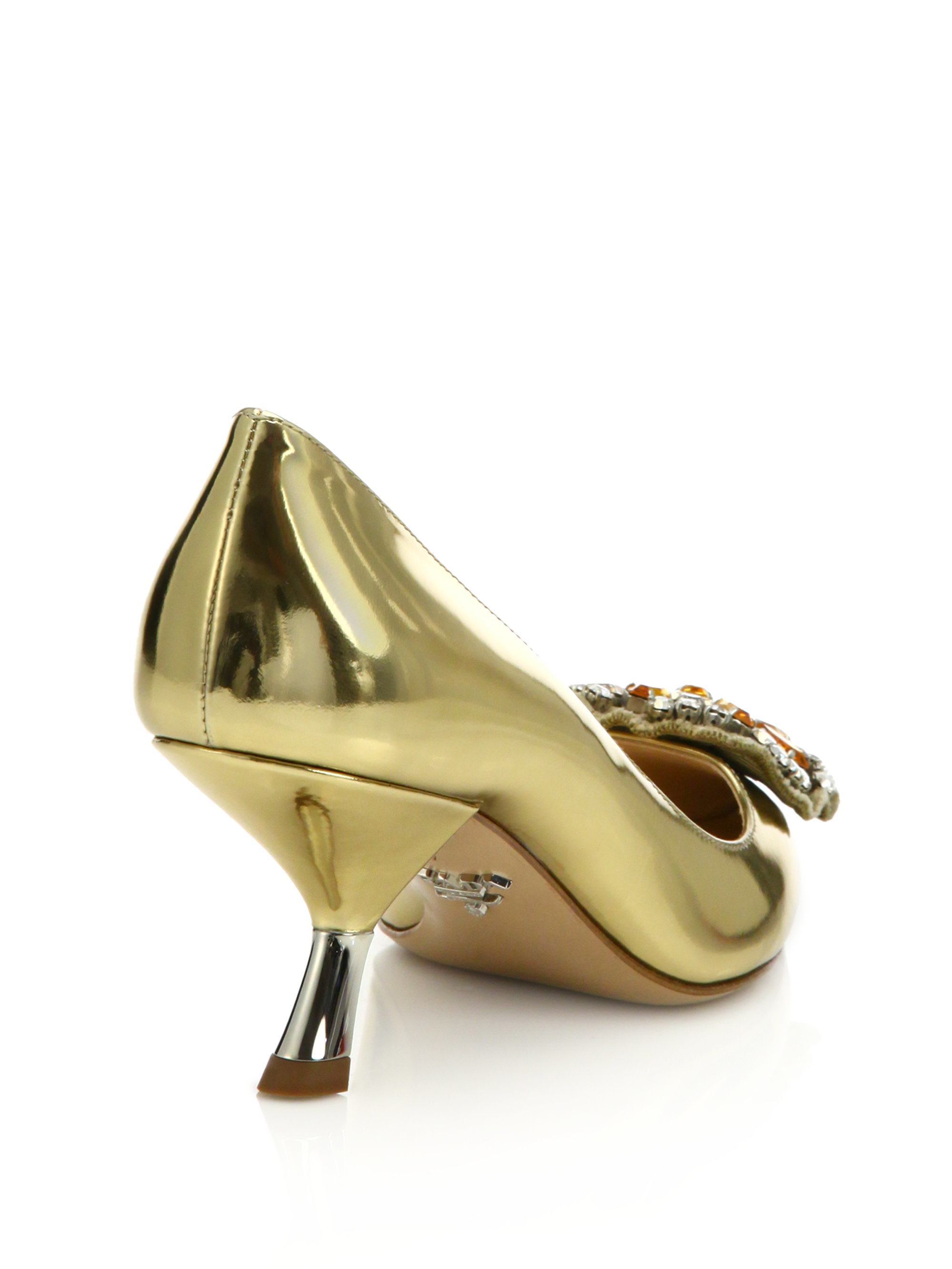 Prada Brooch-detail Metallic Patent Leather Curved-heel Pumps in ...  