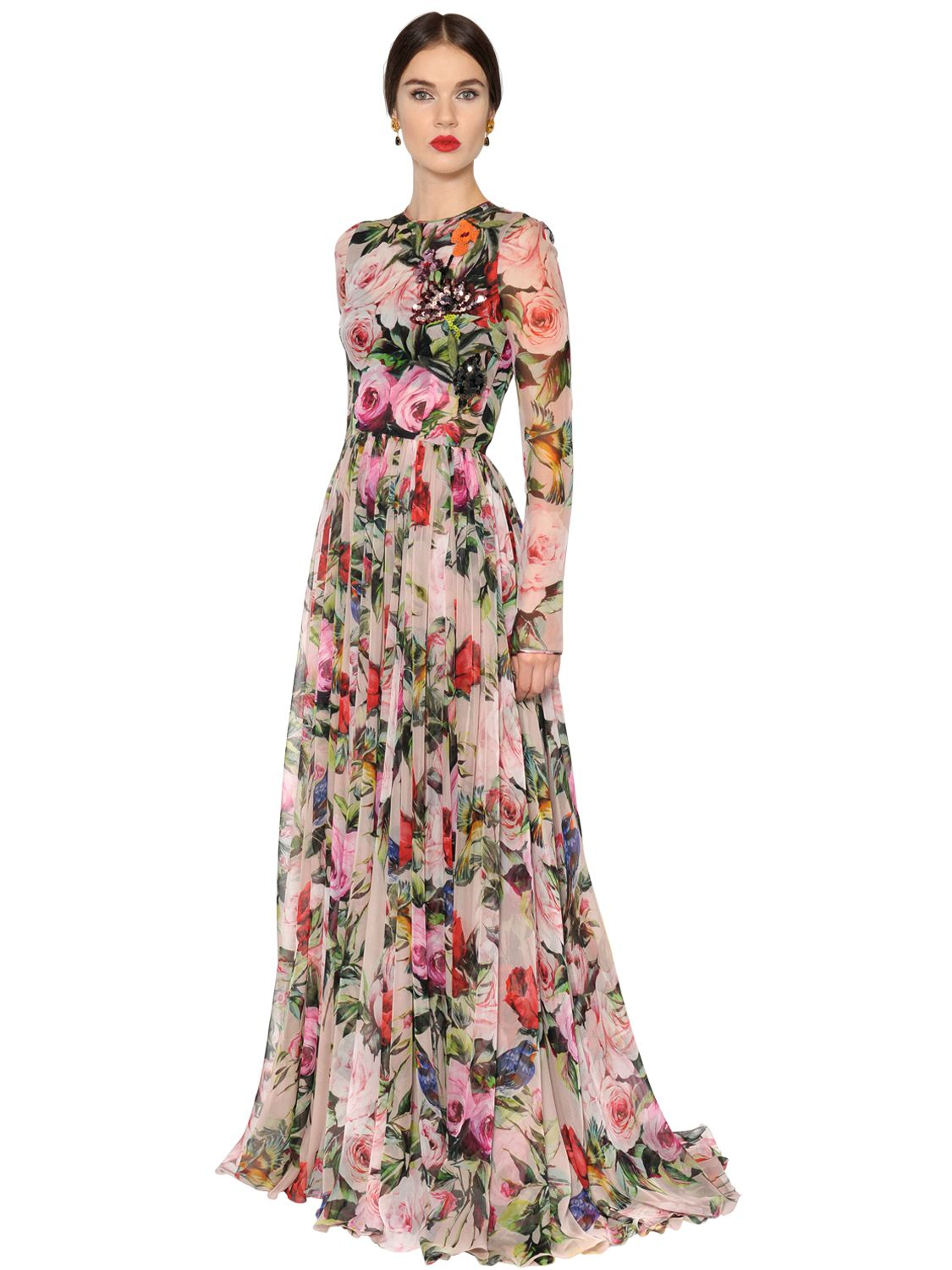 Lyst Dolce Gabbana Embellished Roses Print Silk Voile Dress In Green Gallery