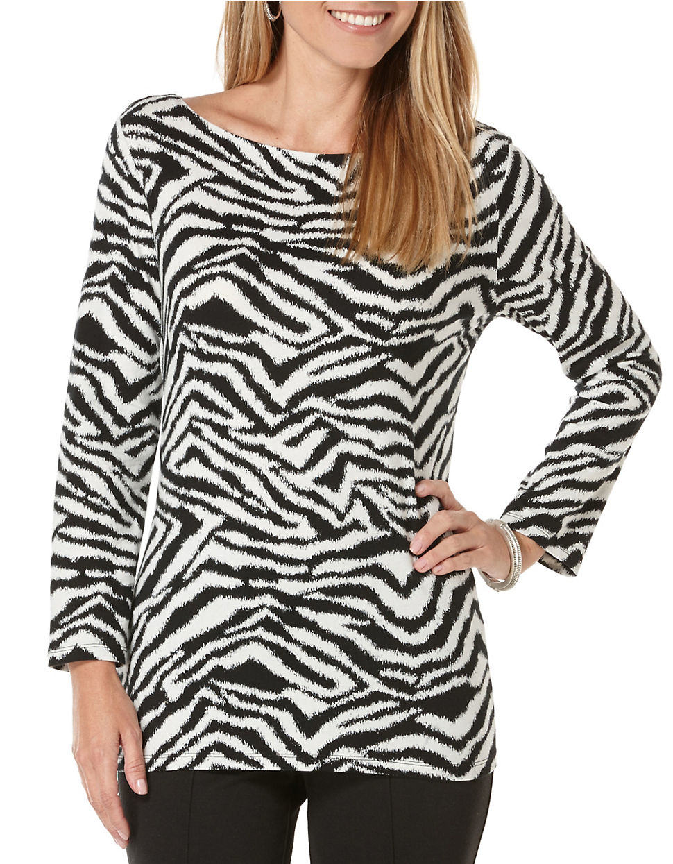 Lyst - Rafaella Petite Zebra-print Boatneck Fleece Top in White