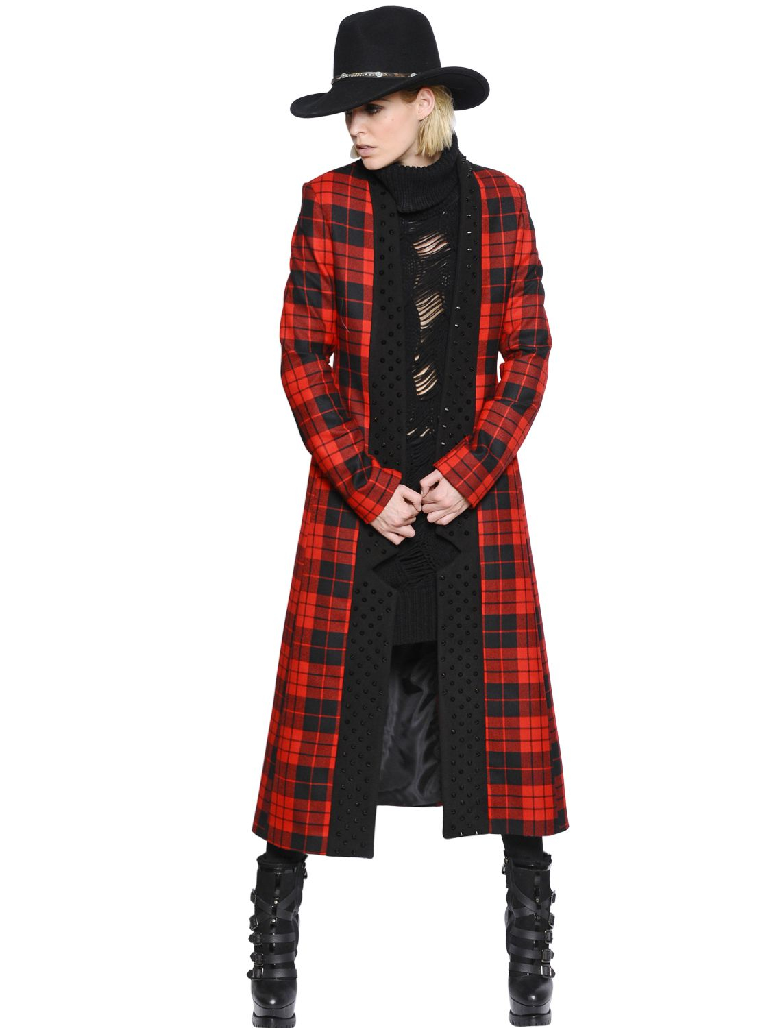 Lyst - Philipp plein Studded Plaid Wool Flannel Coat in Red for Men