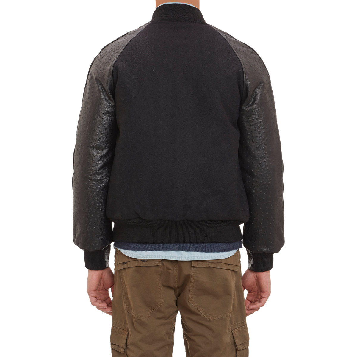 Golden Bear Ostrich Effect Leather Sleeve Varsity Jacket In Black Gallery