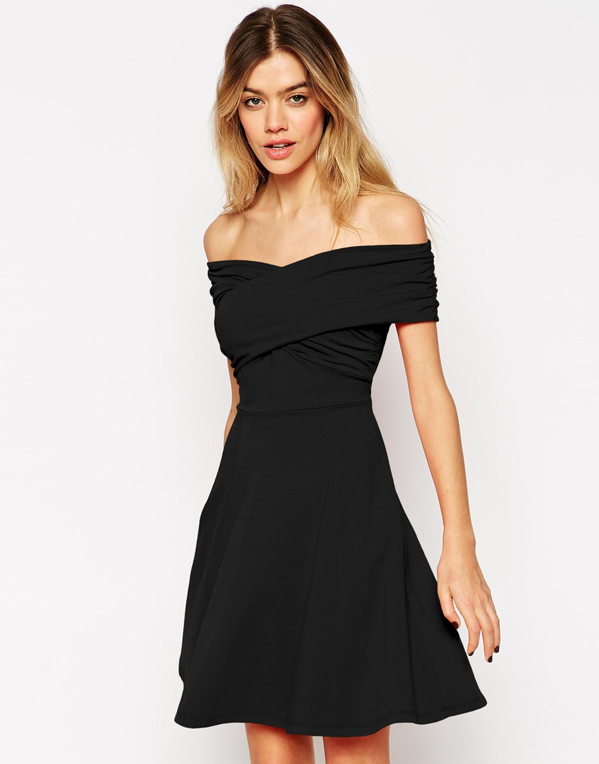 Lyst - ASOS Bardot Skater Dress With Cross Front And Ruched Detail in Black