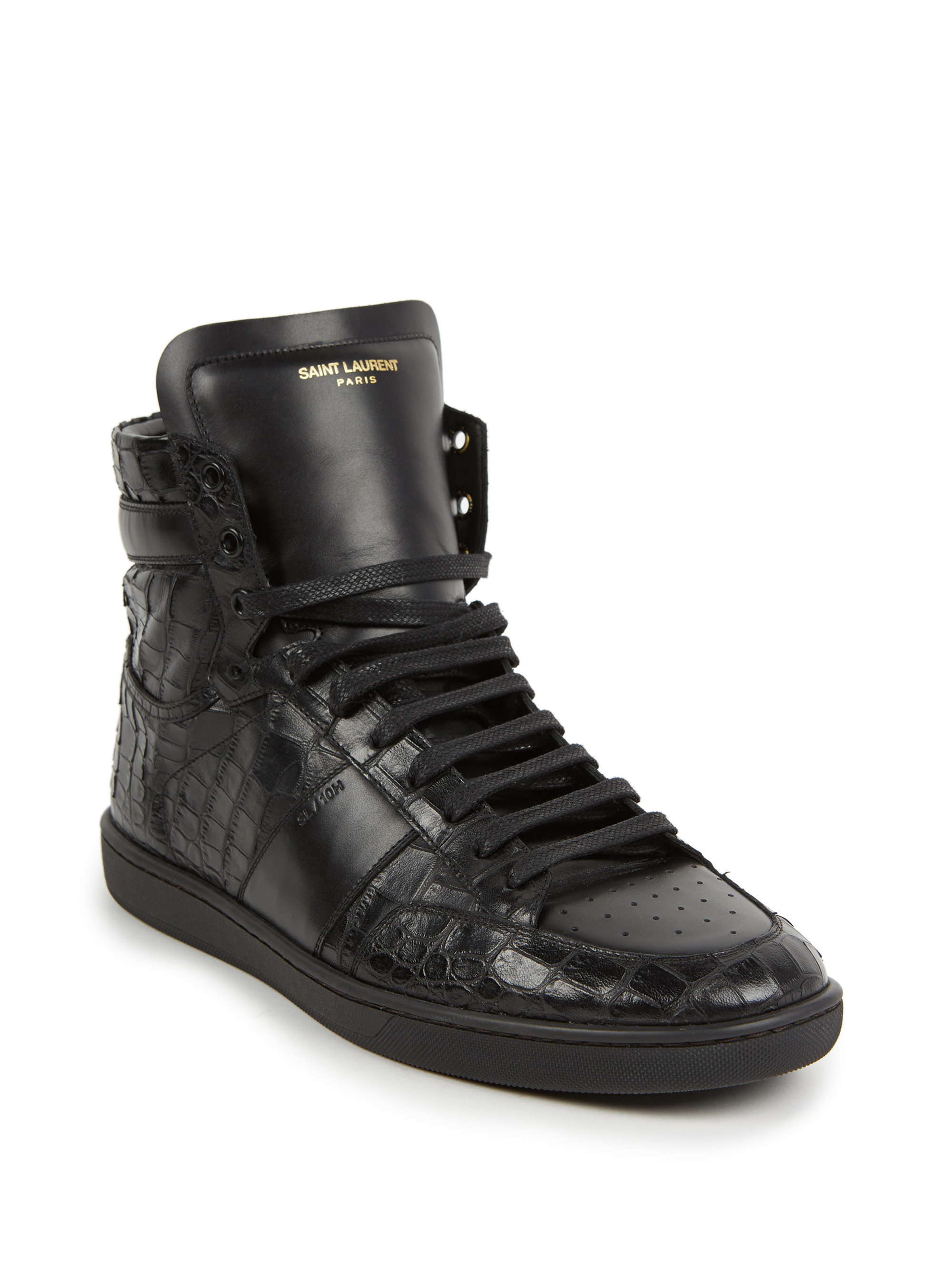 Lyst - Saint Laurent Croc Embossed Leather High-top Sneakers in Black ...