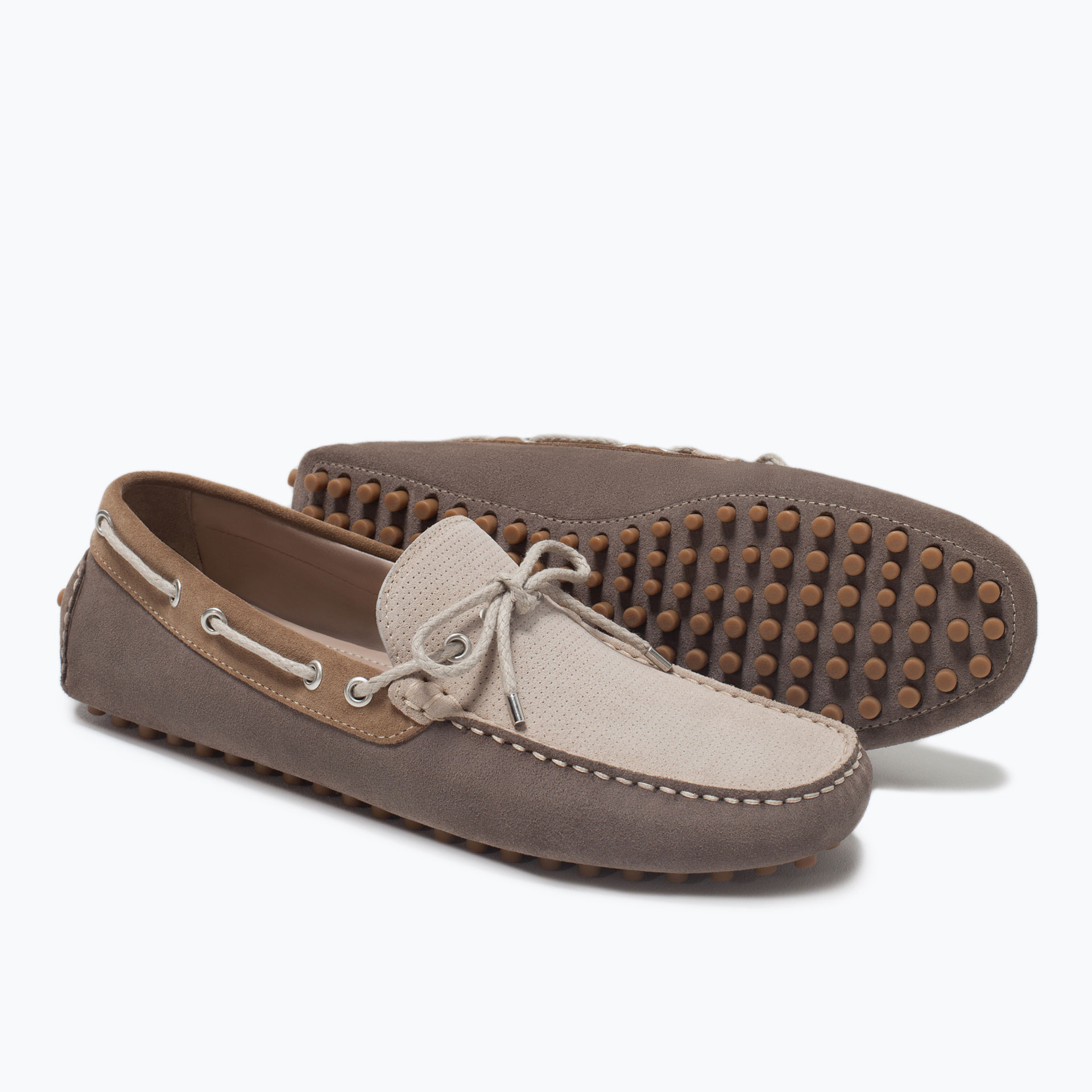 Zara Contrasting Color Leather Driving Shoes With Bow Detail in Brown