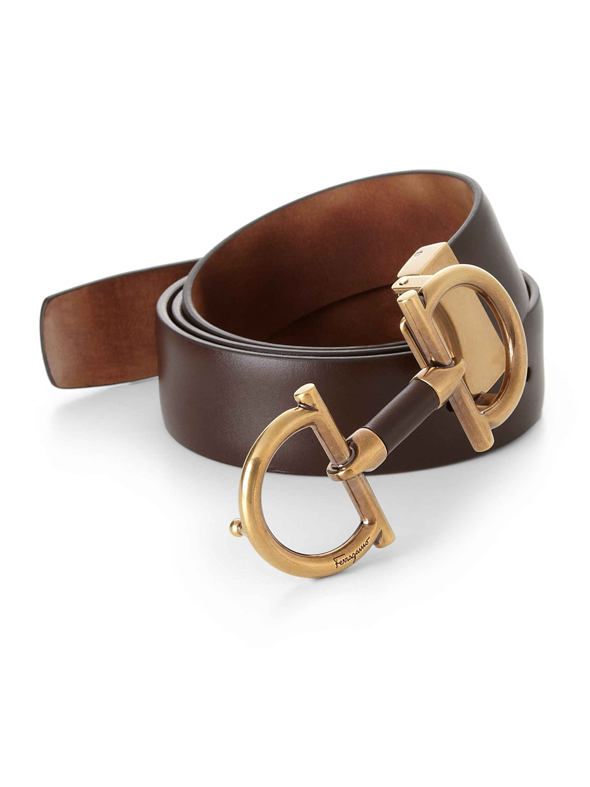 Ferragamo Double Gancini Leather Belt in Brown for Men | Lyst