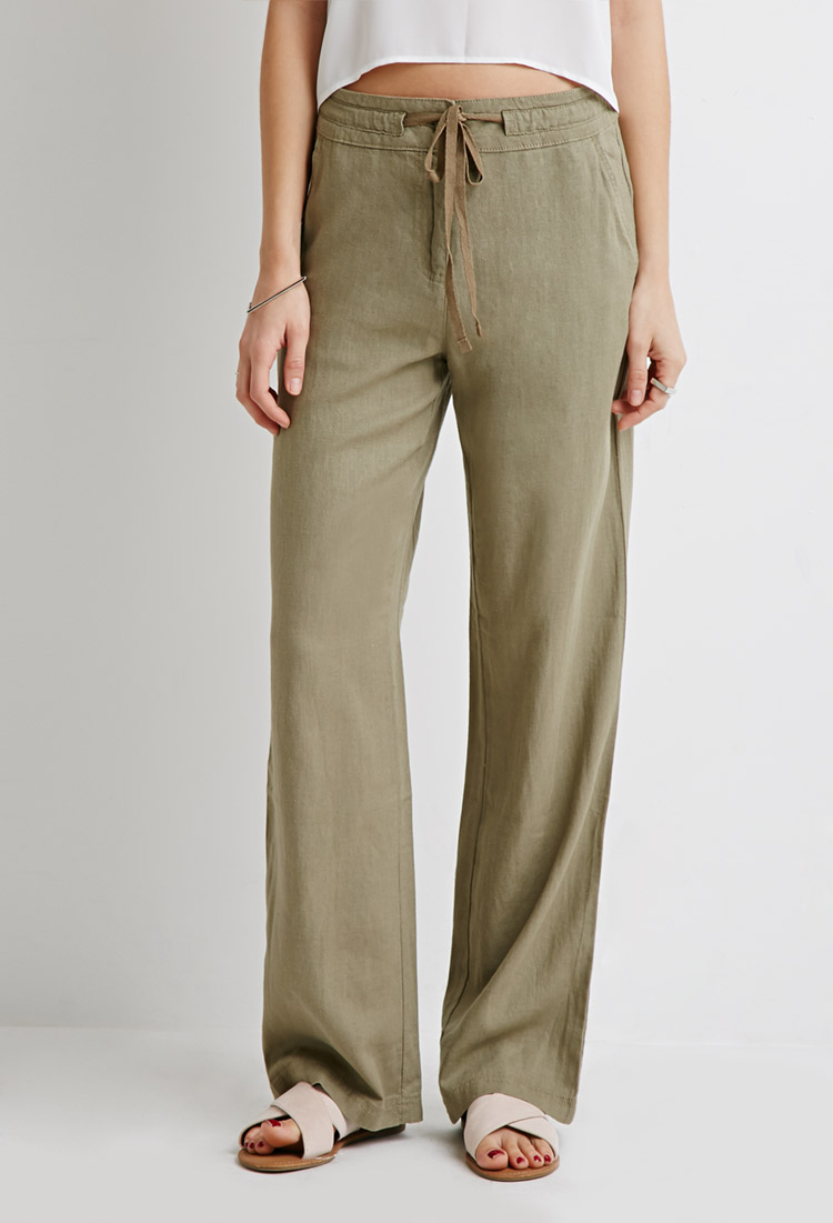Forever 21 Linen-blend Drawstring Pants in Green | Lyst
