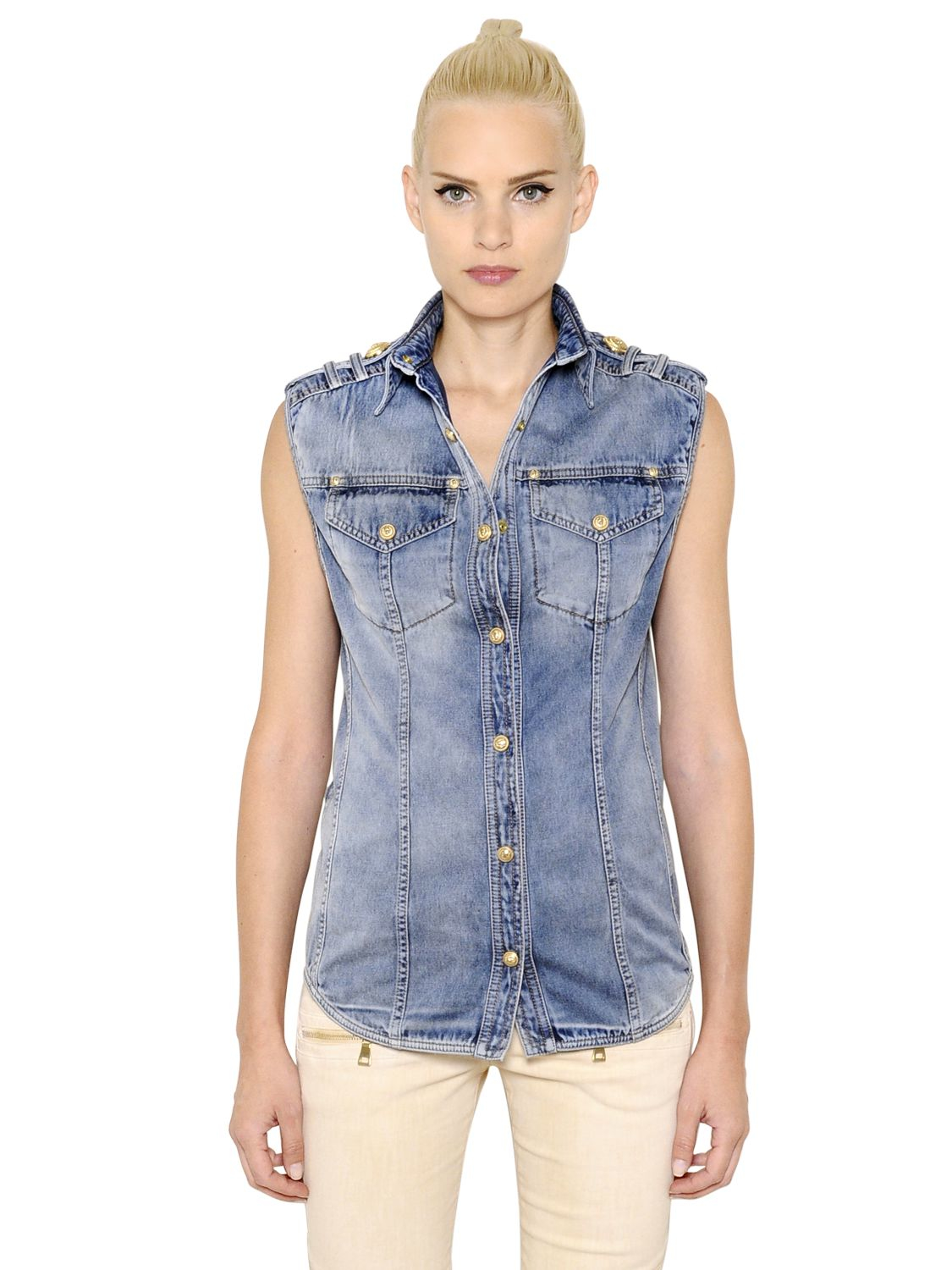 Lyst Balmain Sleeveless Washed Cotton Denim Shirt In Blue 