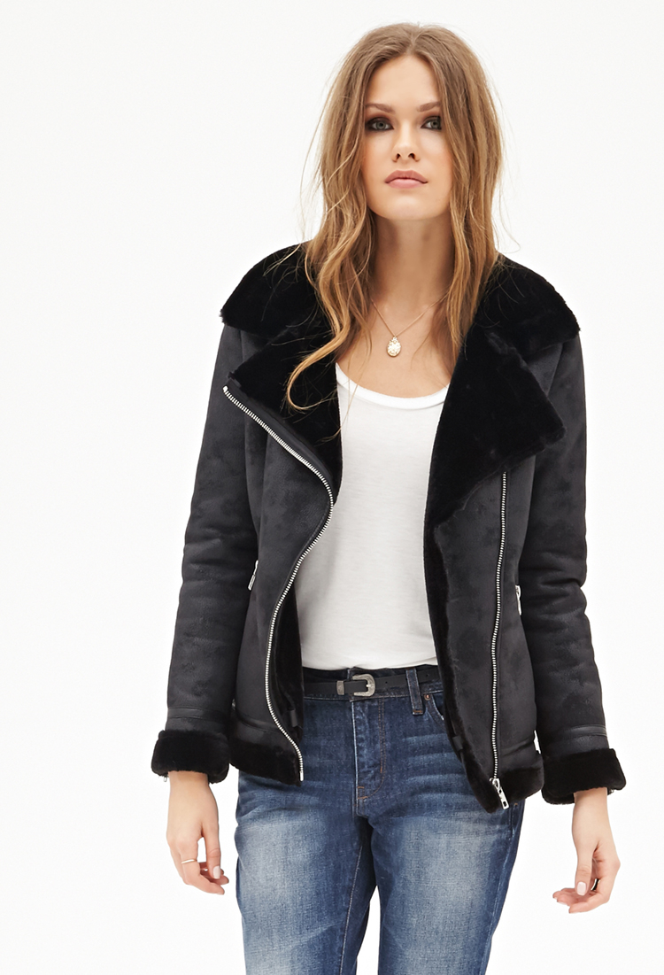 Lyst Forever 21 Faux Shearling Moto Jacket in Black