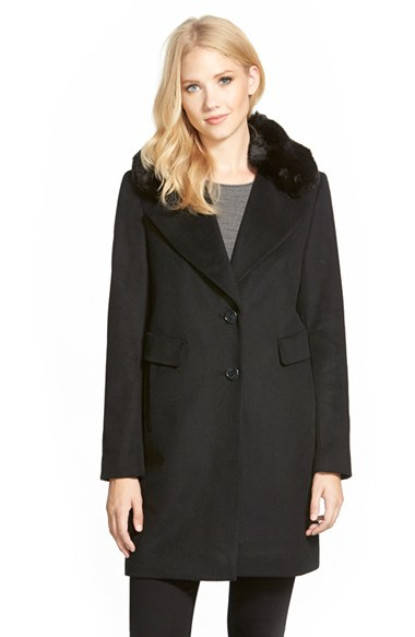 Lyst - Dkny Faux Fur Trim Wool Blend Reefer Coat in Black