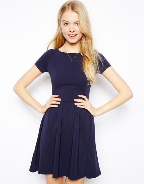Asos Skater Dress With Slash Neck And Short Sleeves in Blue (Navy) | Lyst