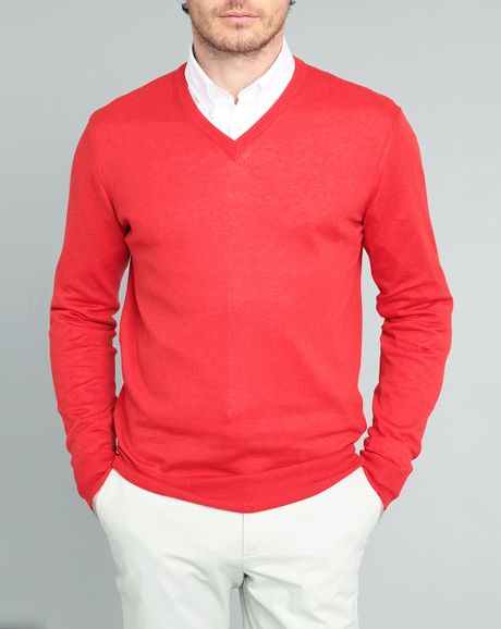 Hackett Red Fine Gg Cashmere/cotton Elbow Patches V-neck Sweater in Red ...