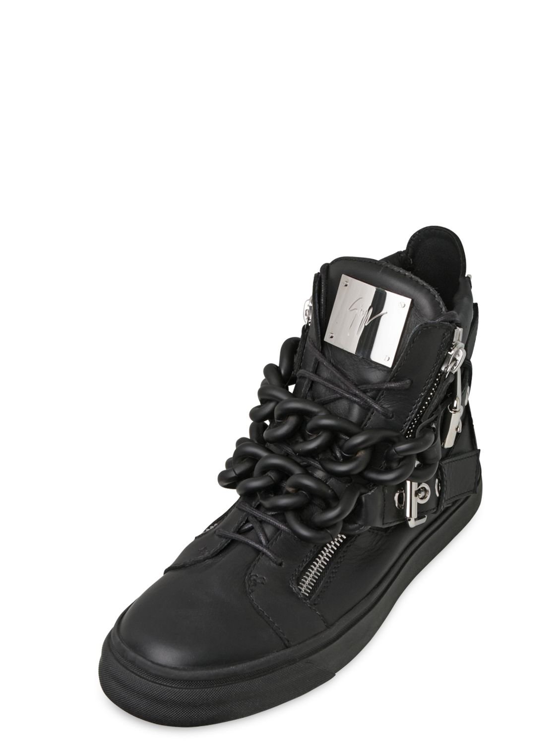 Lyst - Giuseppe Zanotti Double Chain Leather High Top Sneakers in Black ...