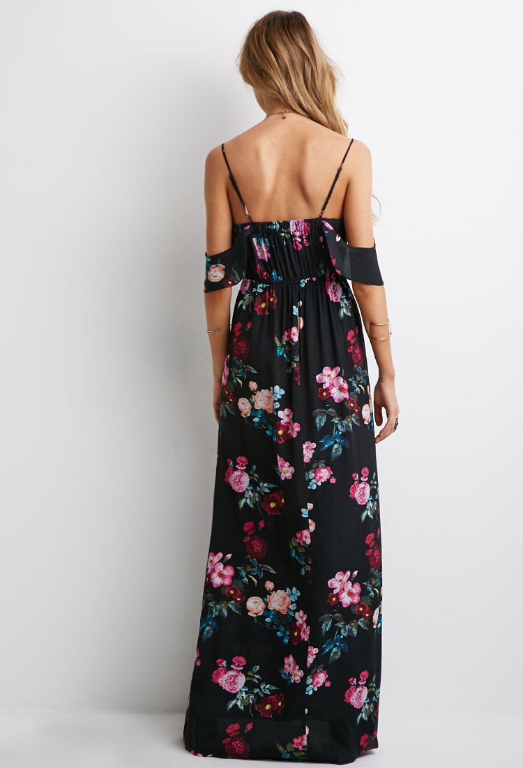 Forever 21 Mixed Fl Ruffle Sleeve Maxi Dress In Black Lyst Gallery